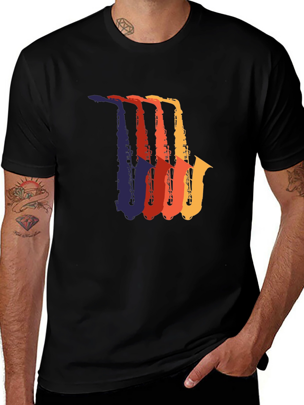Retro Saxophone Graphic Tee - Black Cotton T-Shirt