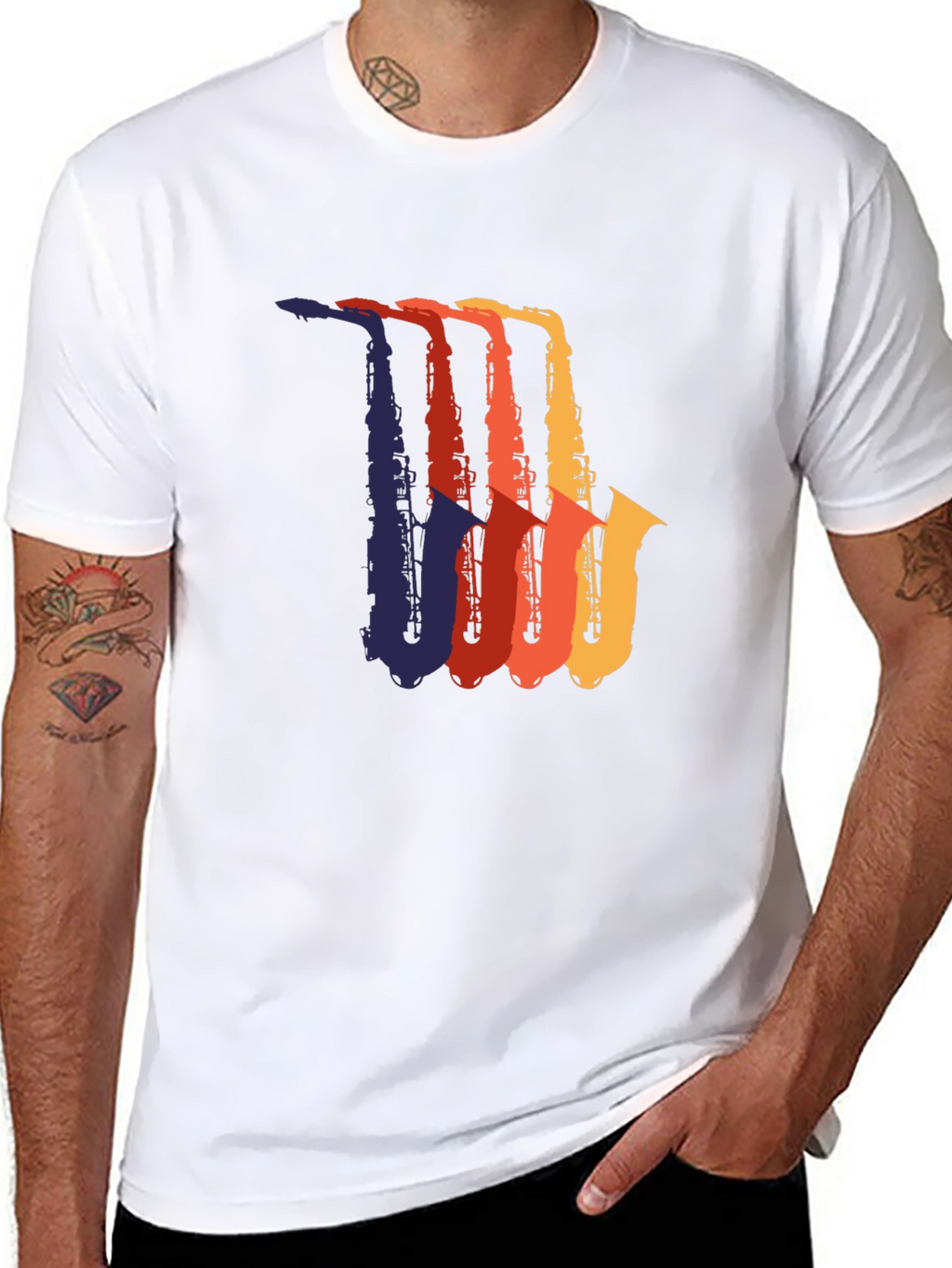 Retro Saxophone Graphic Tee - Black Cotton T-Shirt