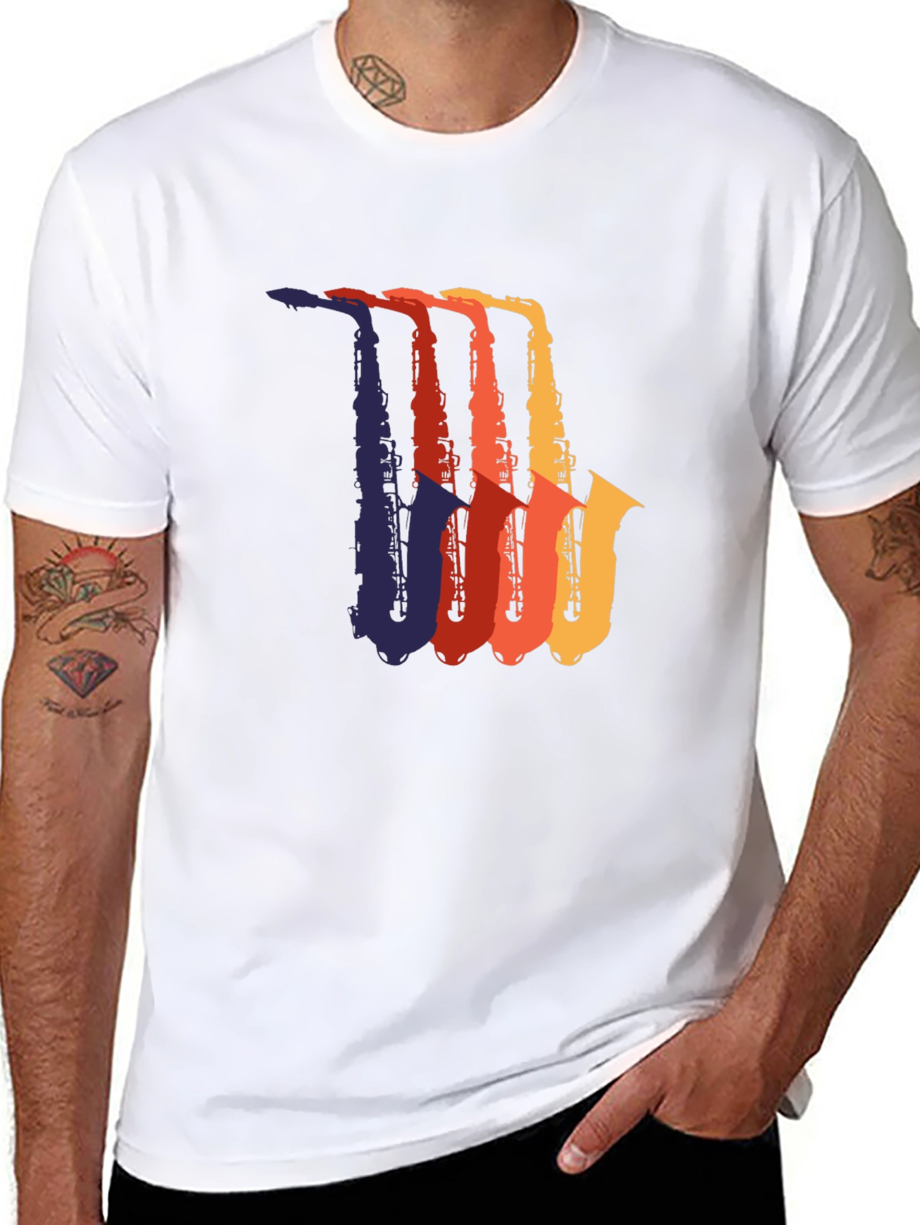Retro Saxophone Graphic Tee - Black Cotton T-Shirt