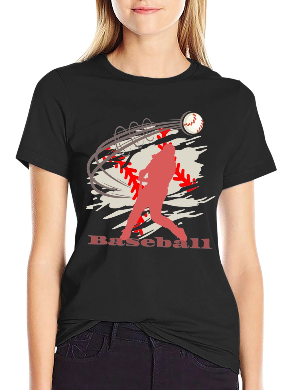 Baseball Player Graphic Print Black T-Shirt