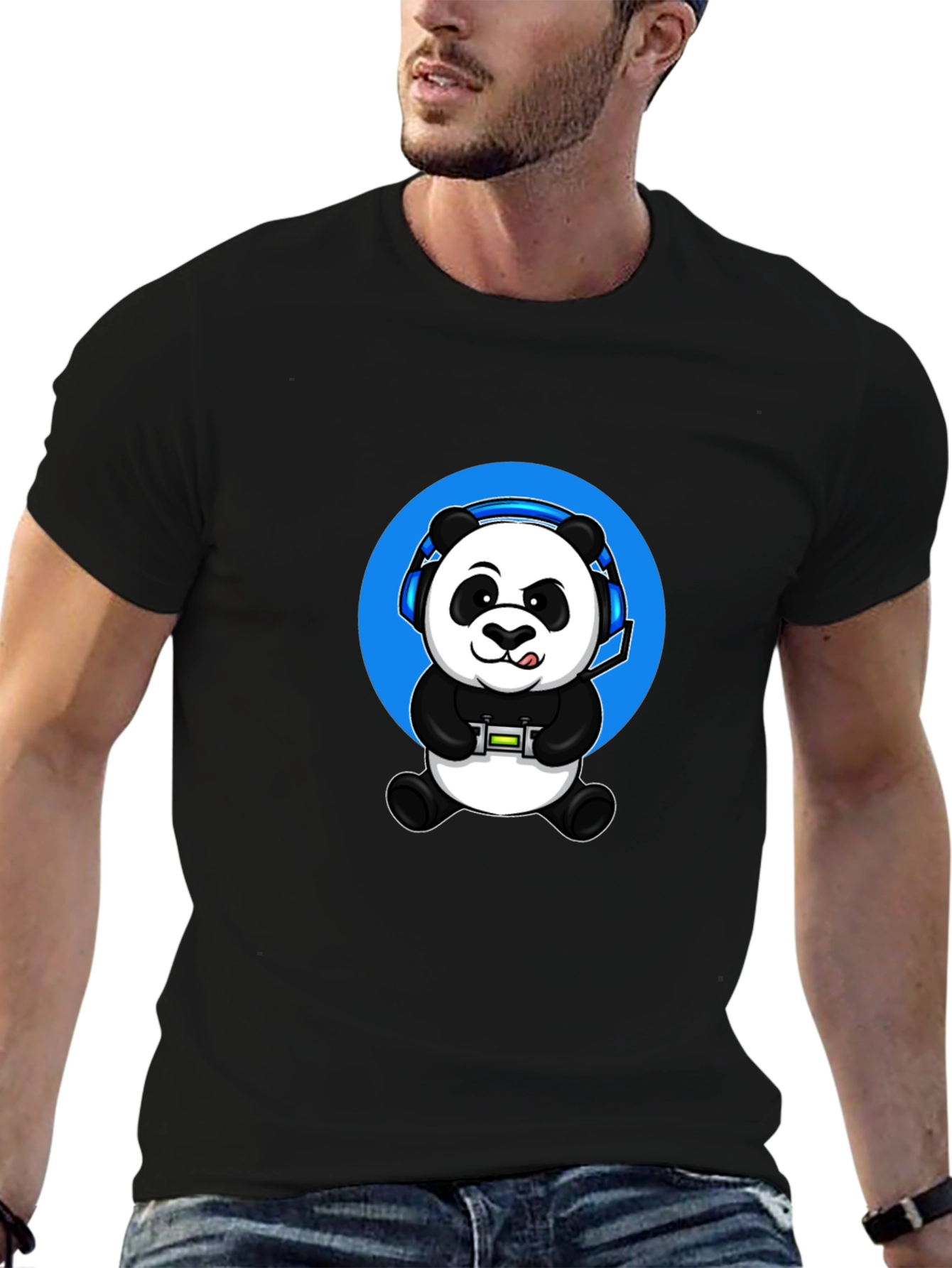Gamer Panda Graphic Tee - Black Cotton Blend