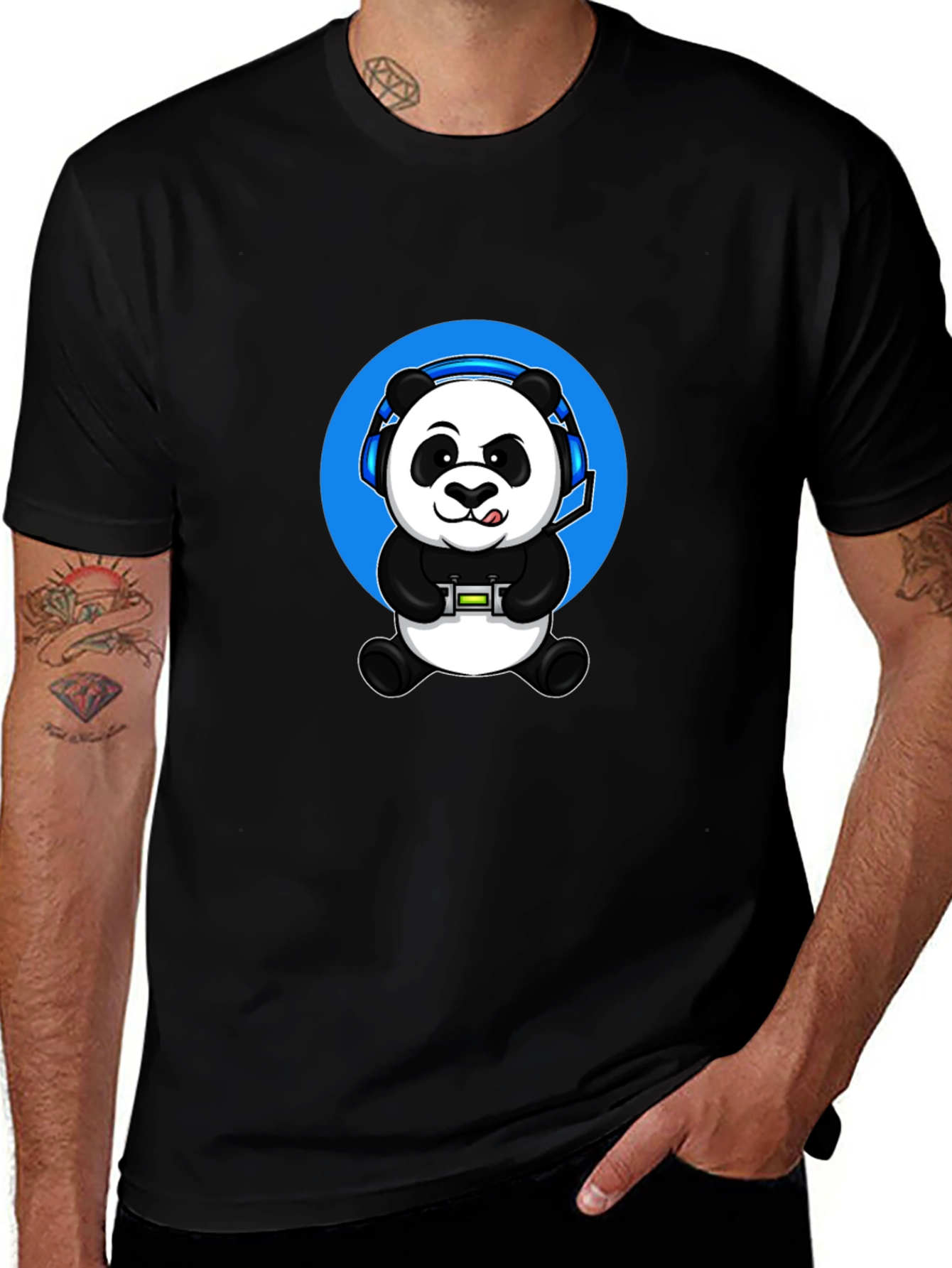 Gamer Panda Graphic Tee - Black Cotton Blend