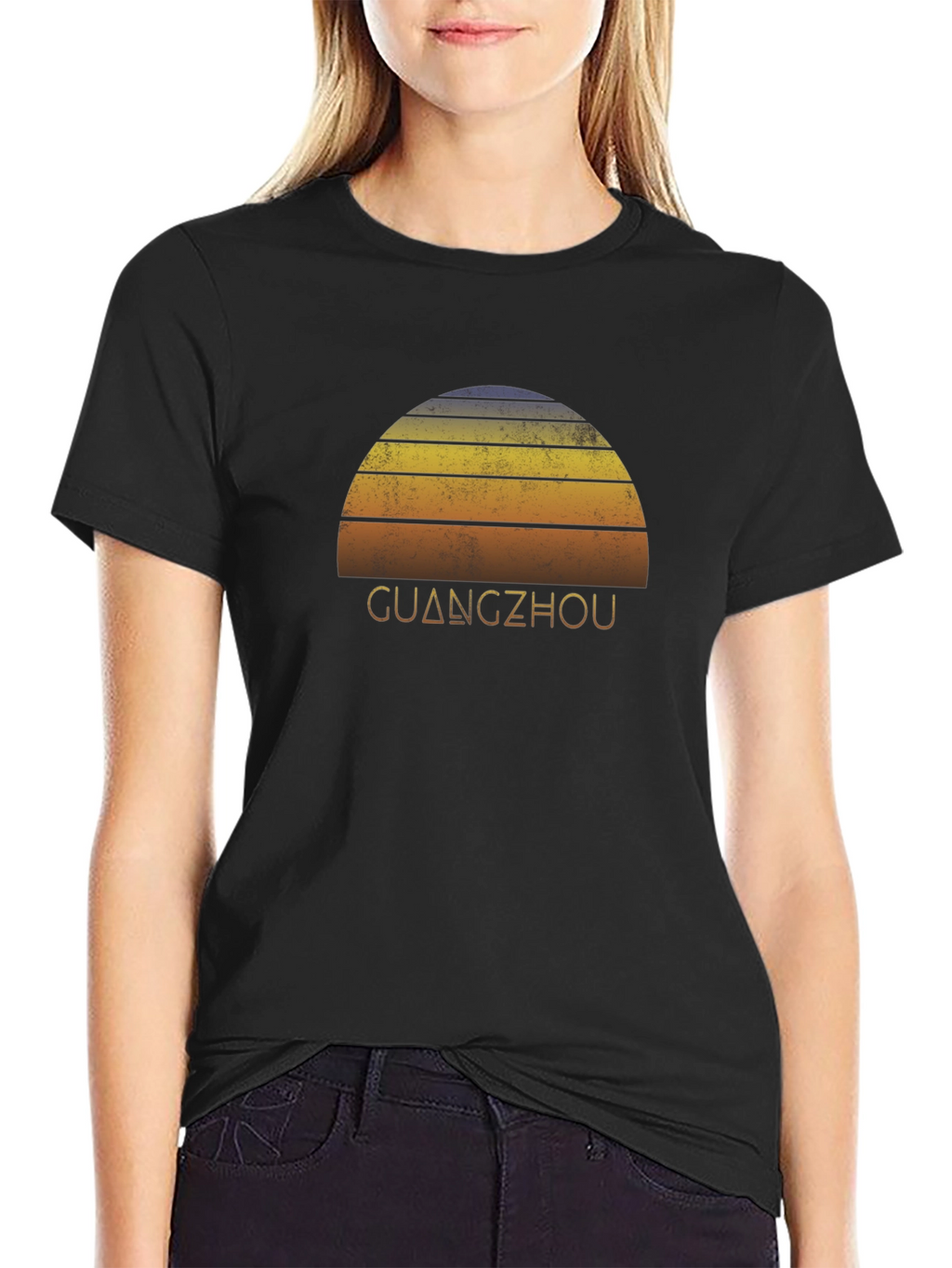 Guangzhou Sunset Graphic Tee - Retro Style Black T-Shirt