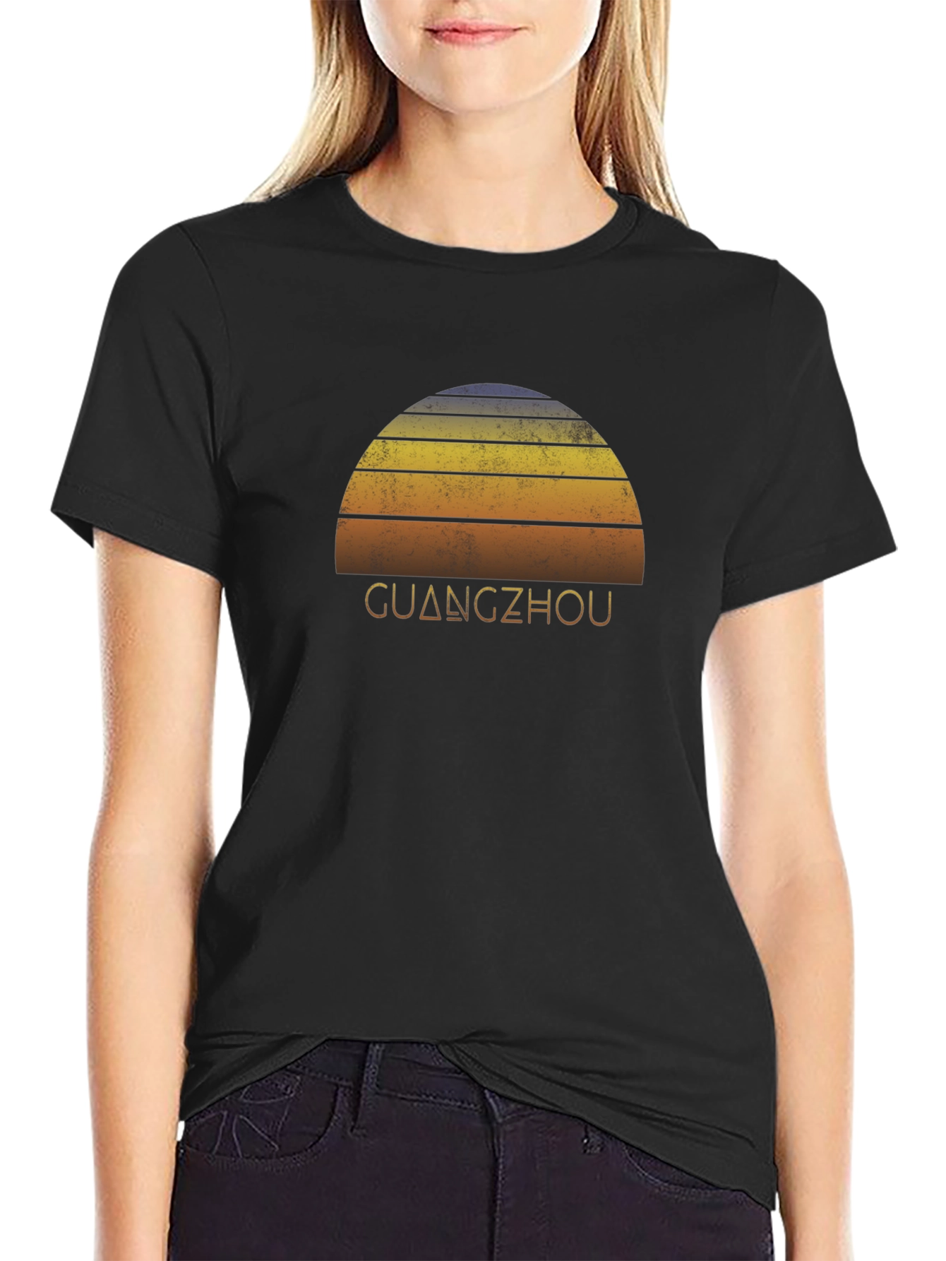 Guangzhou Sunset Graphic Tee - Retro Style Black T-Shirt