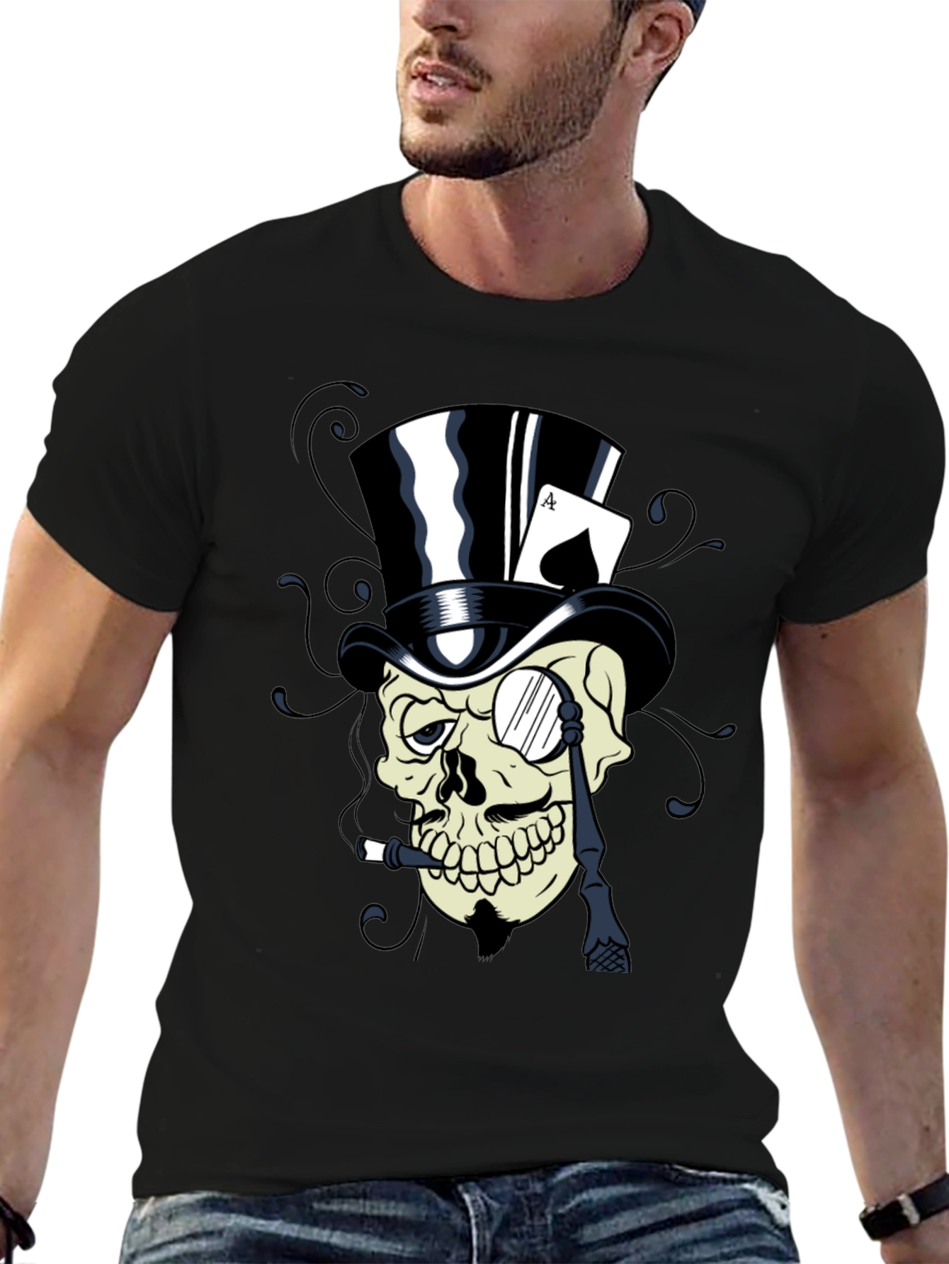 Skull Top Hat Ace Card Graphic T-Shirt