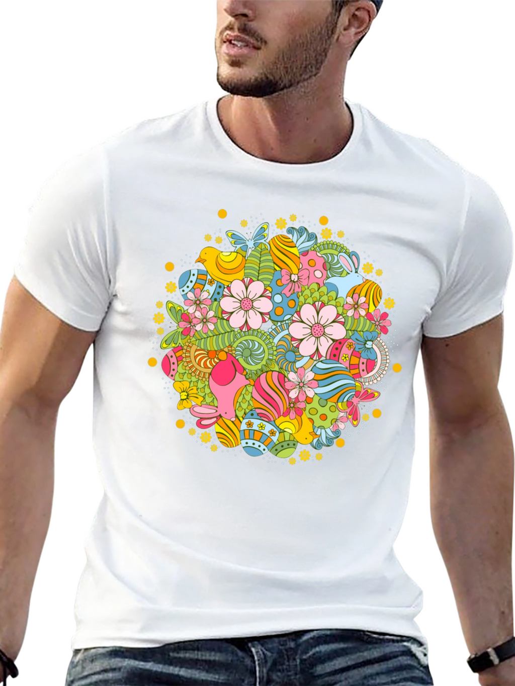 Easter Egg Floral Pattern Black T-Shirt