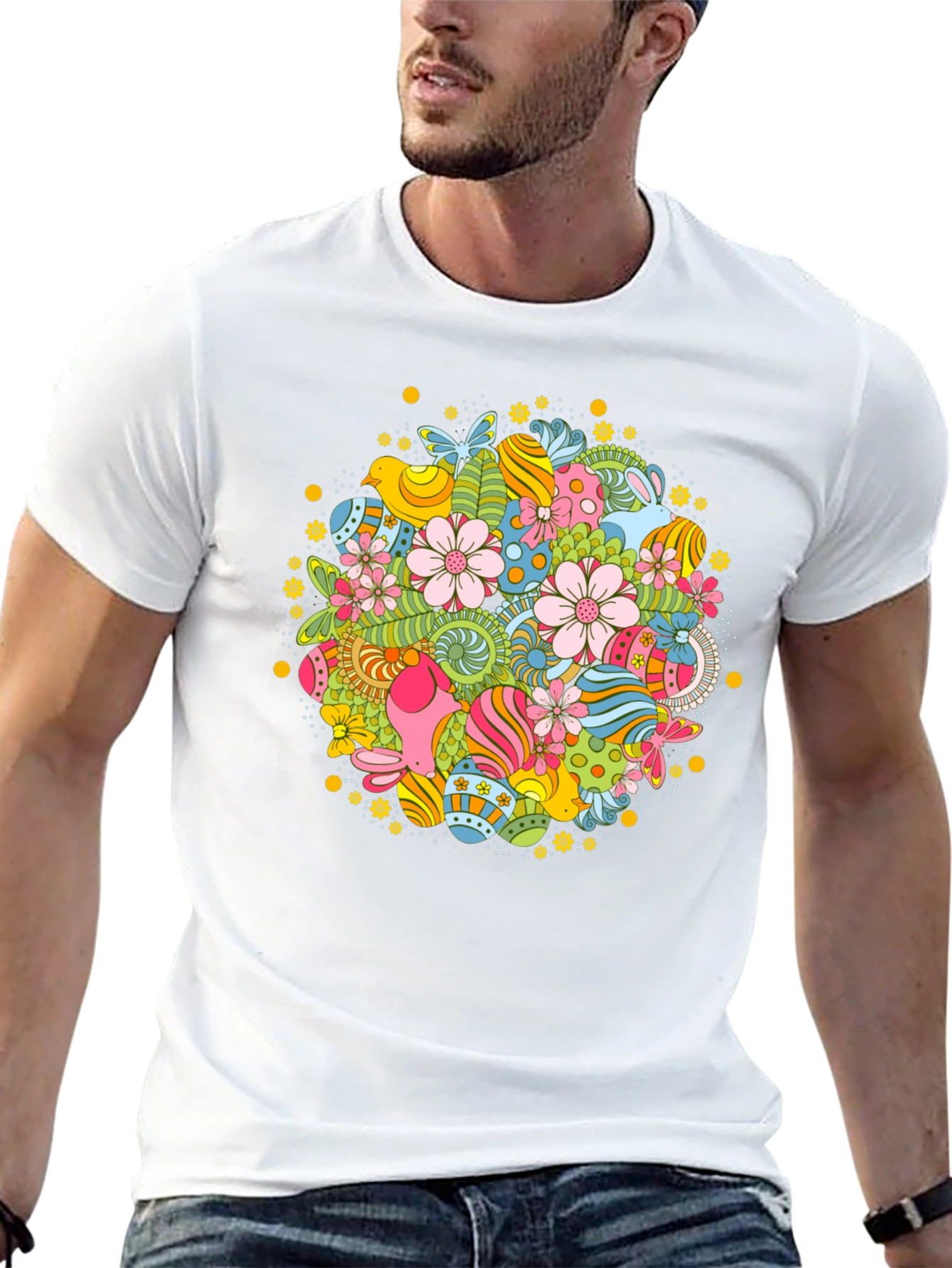 Easter Egg Floral Pattern Black T-Shirt