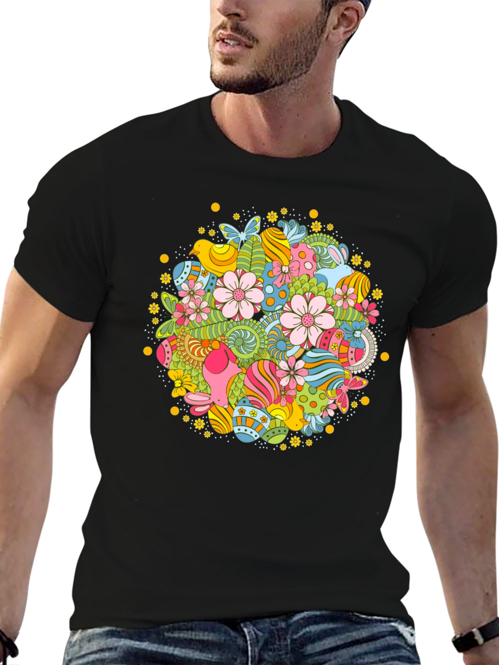 Easter Egg Floral Pattern Black T-Shirt