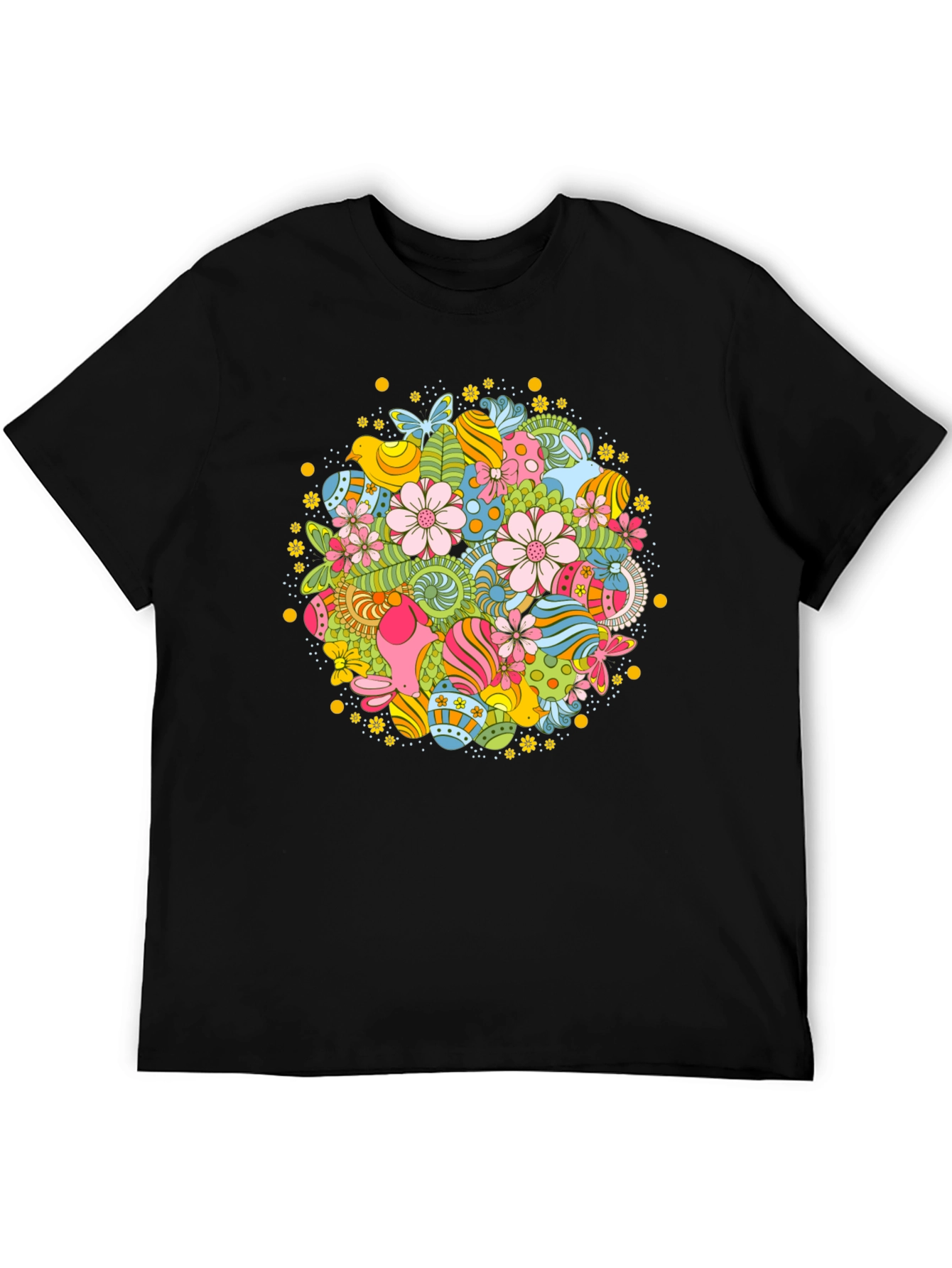 Easter Egg Floral Pattern Black T-Shirt