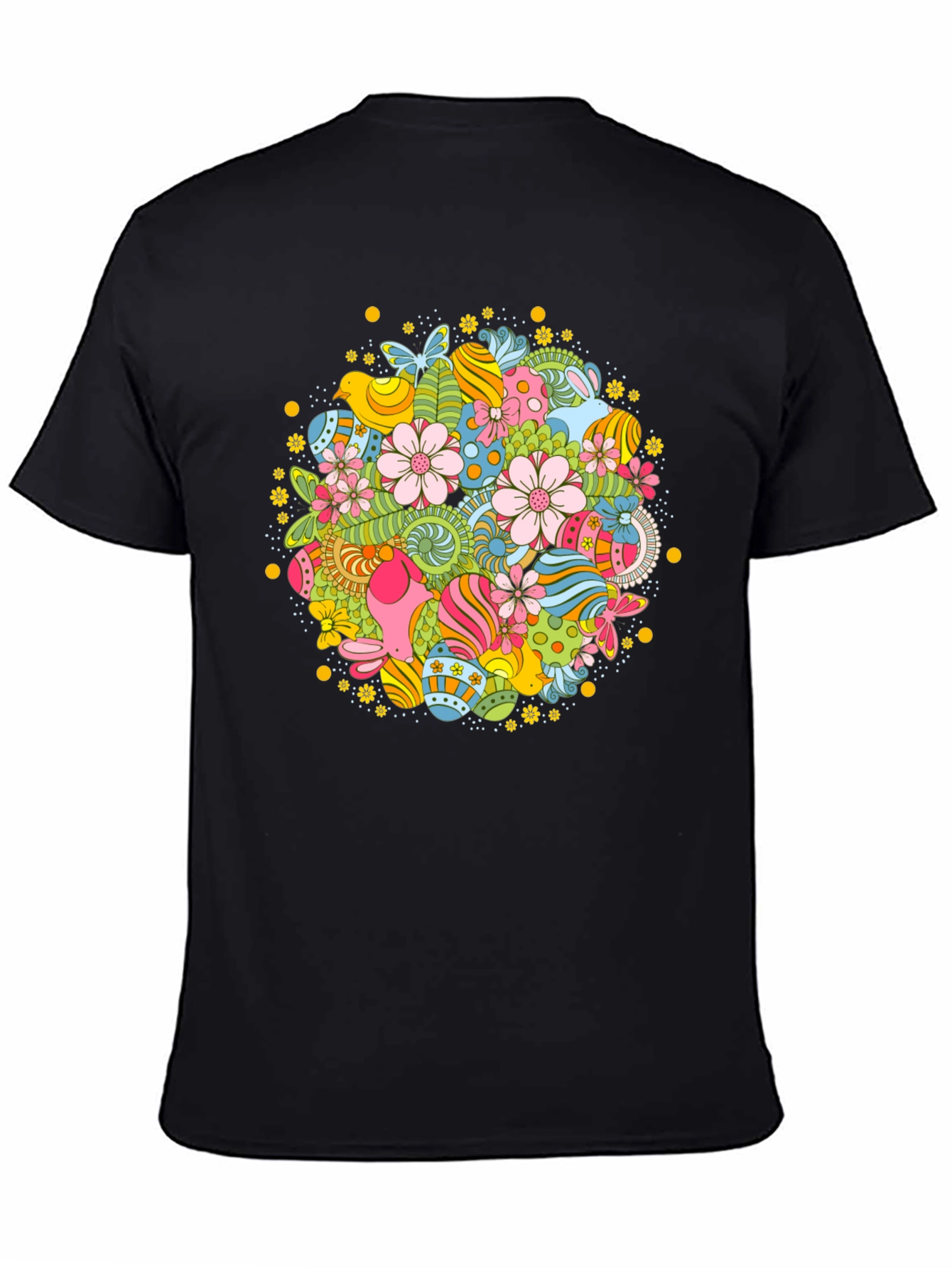 Easter Egg Floral Pattern Black T-Shirt