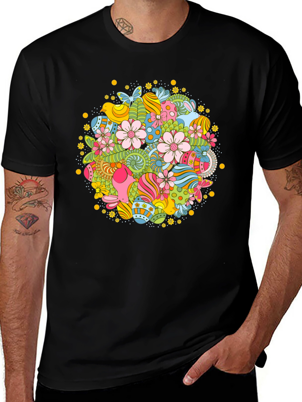 Easter Egg Floral Pattern Black T-Shirt