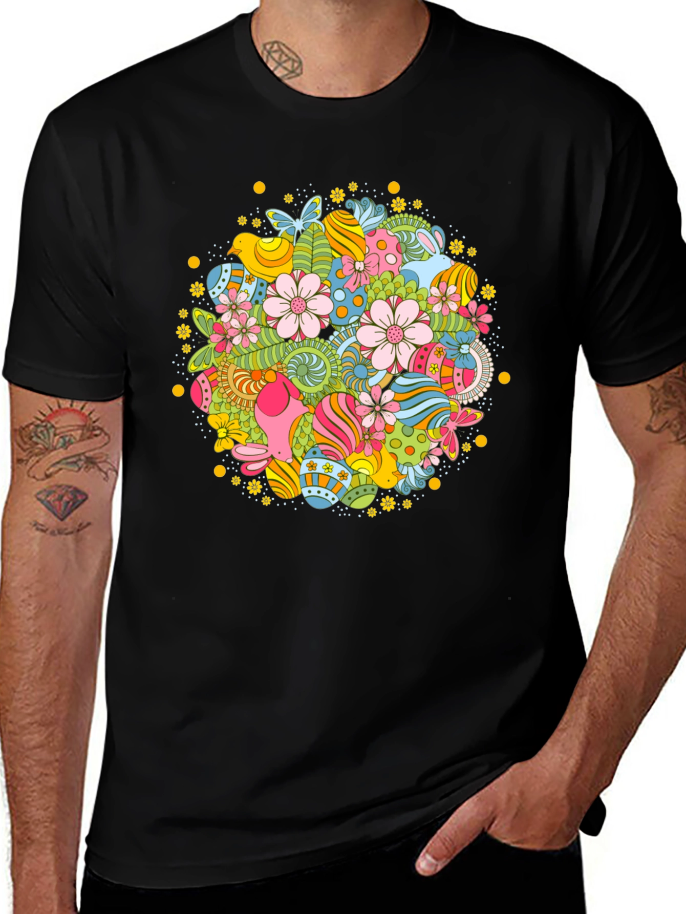 Easter Egg Floral Pattern Black T-Shirt