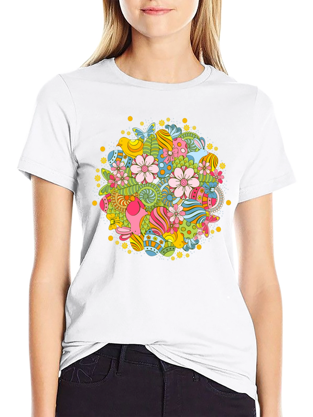 Easter Egg Floral Pattern Black T-Shirt