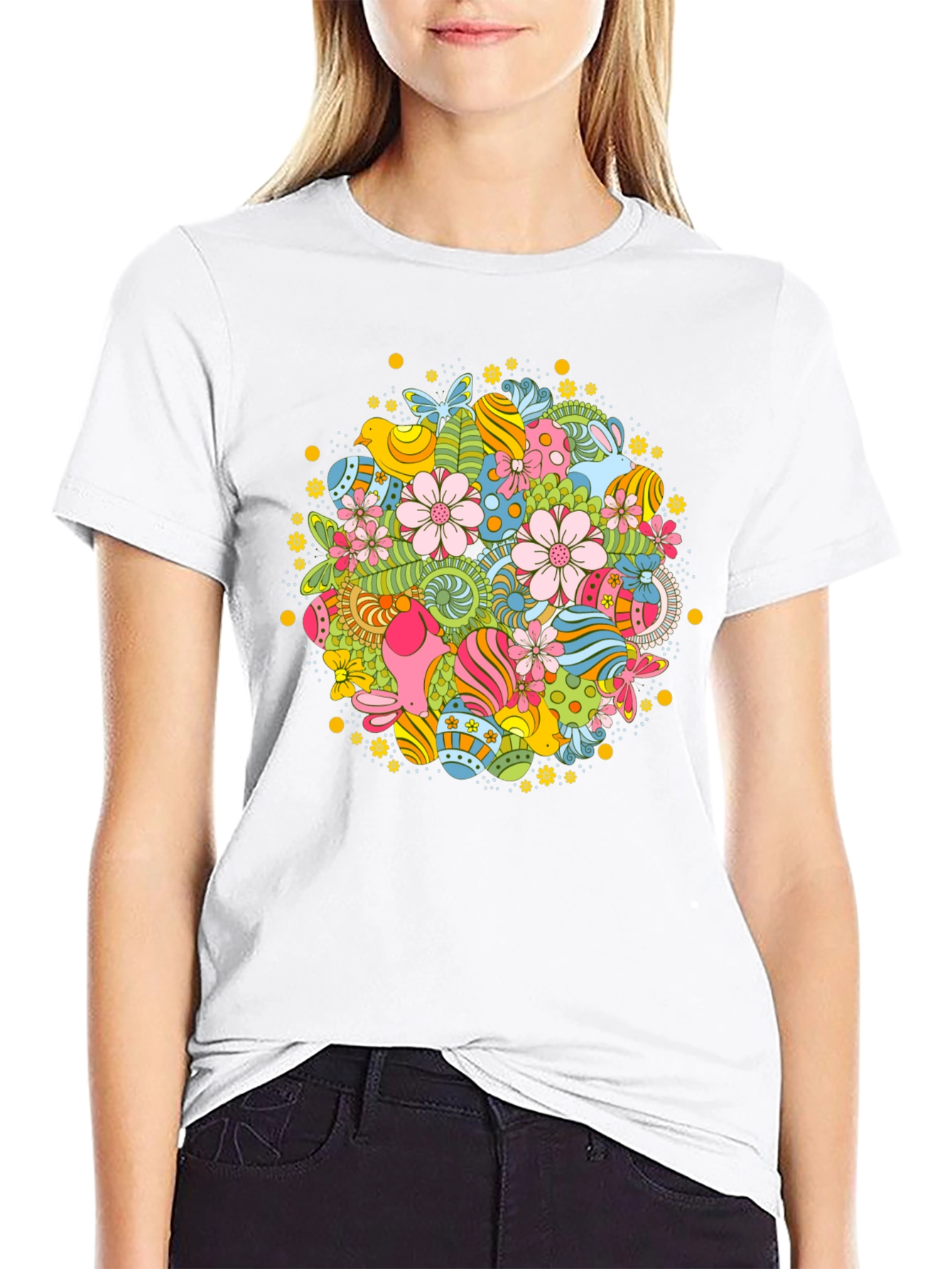 Easter Egg Floral Pattern Black T-Shirt