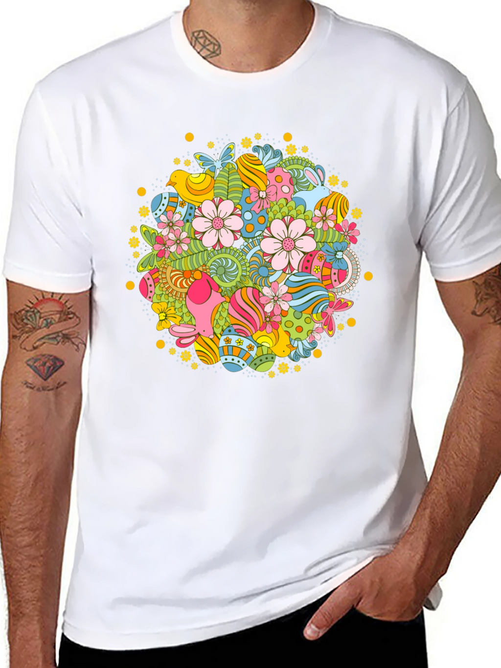 Easter Egg Floral Pattern Black T-Shirt