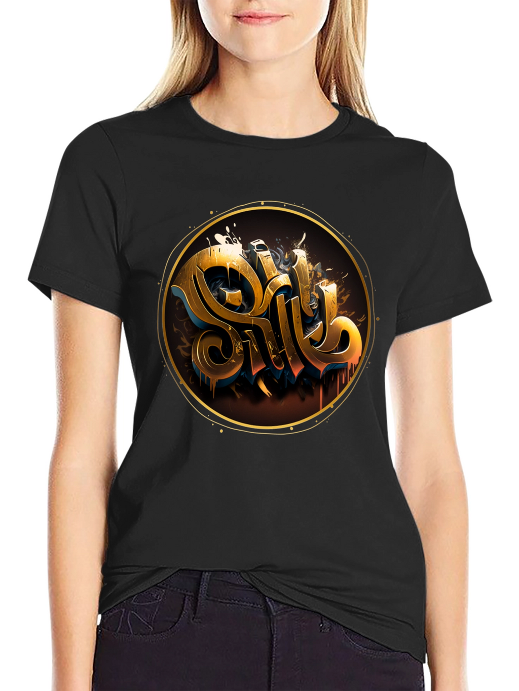 Gold Letter Graphic Black Tee - Stylish Casual Wear