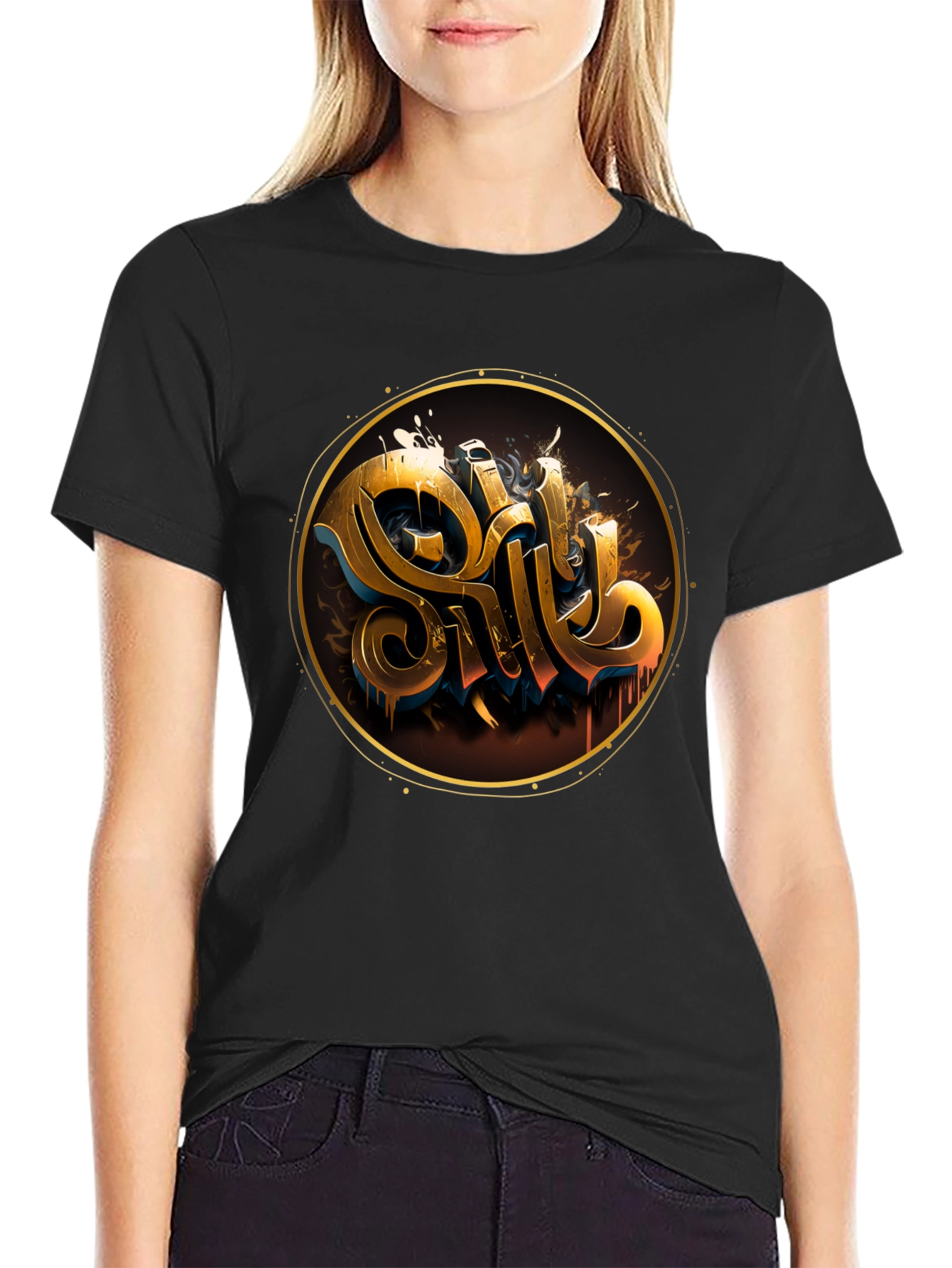 Gold Letter Graphic Black Tee - Stylish Casual Wear