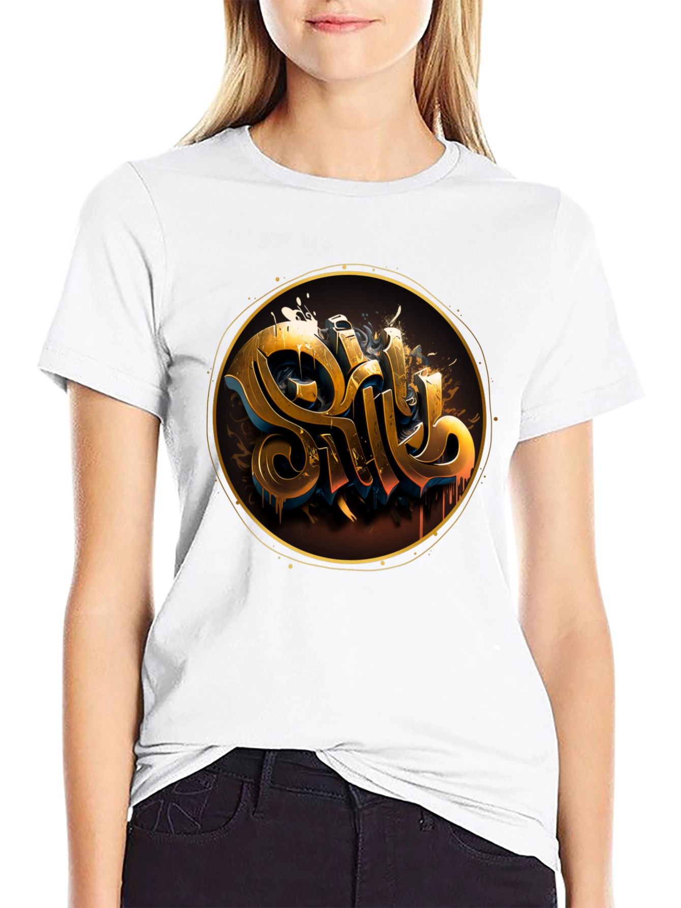 Gold Letter Graphic Black Tee - Stylish Casual Wear