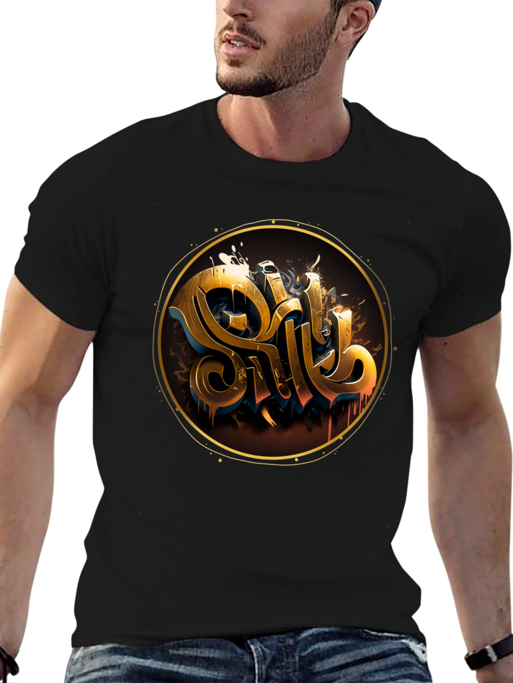 Gold Letter Graphic Black Tee - Stylish Casual Wear
