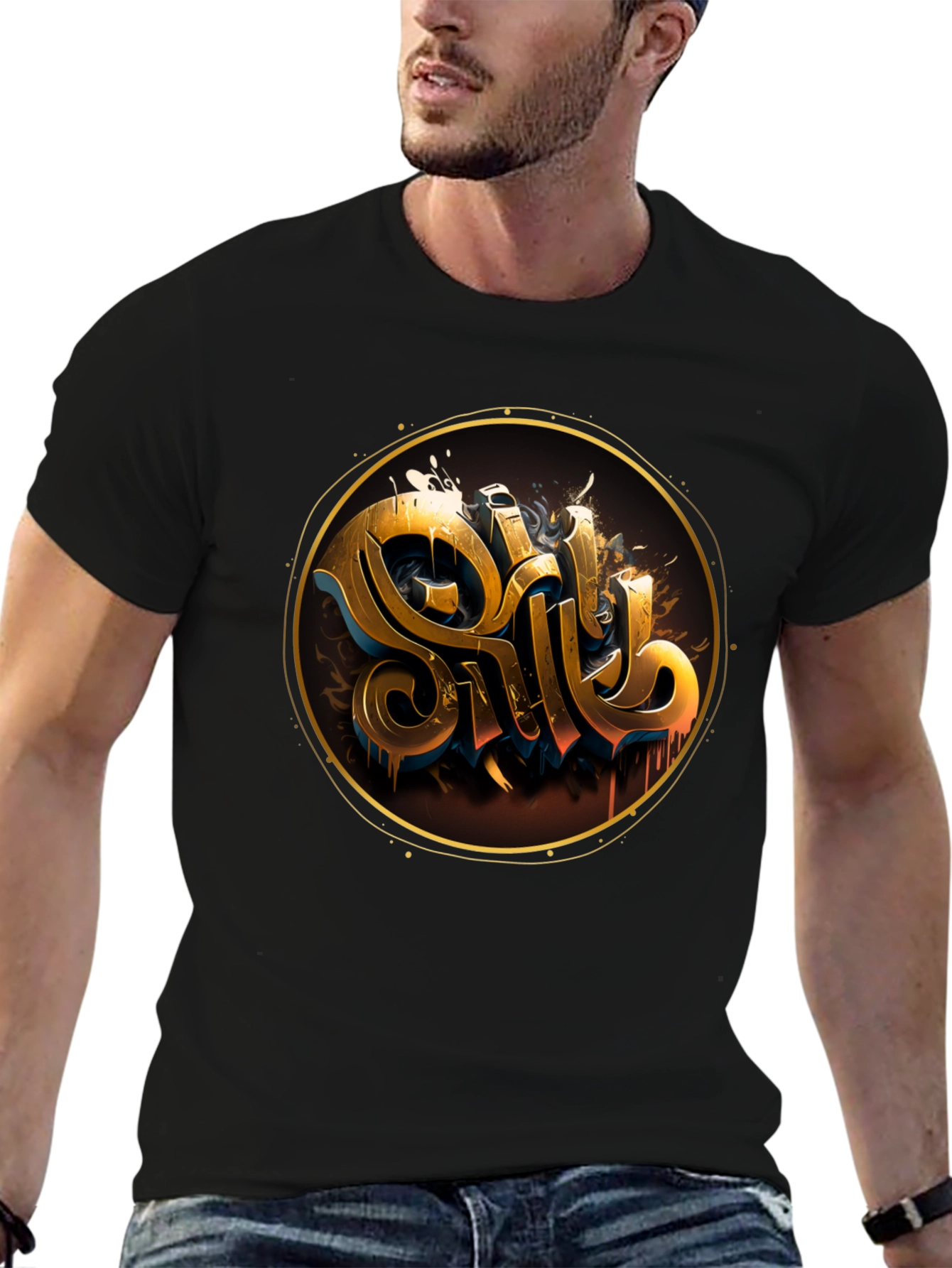 Gold Letter Graphic Black Tee - Stylish Casual Wear