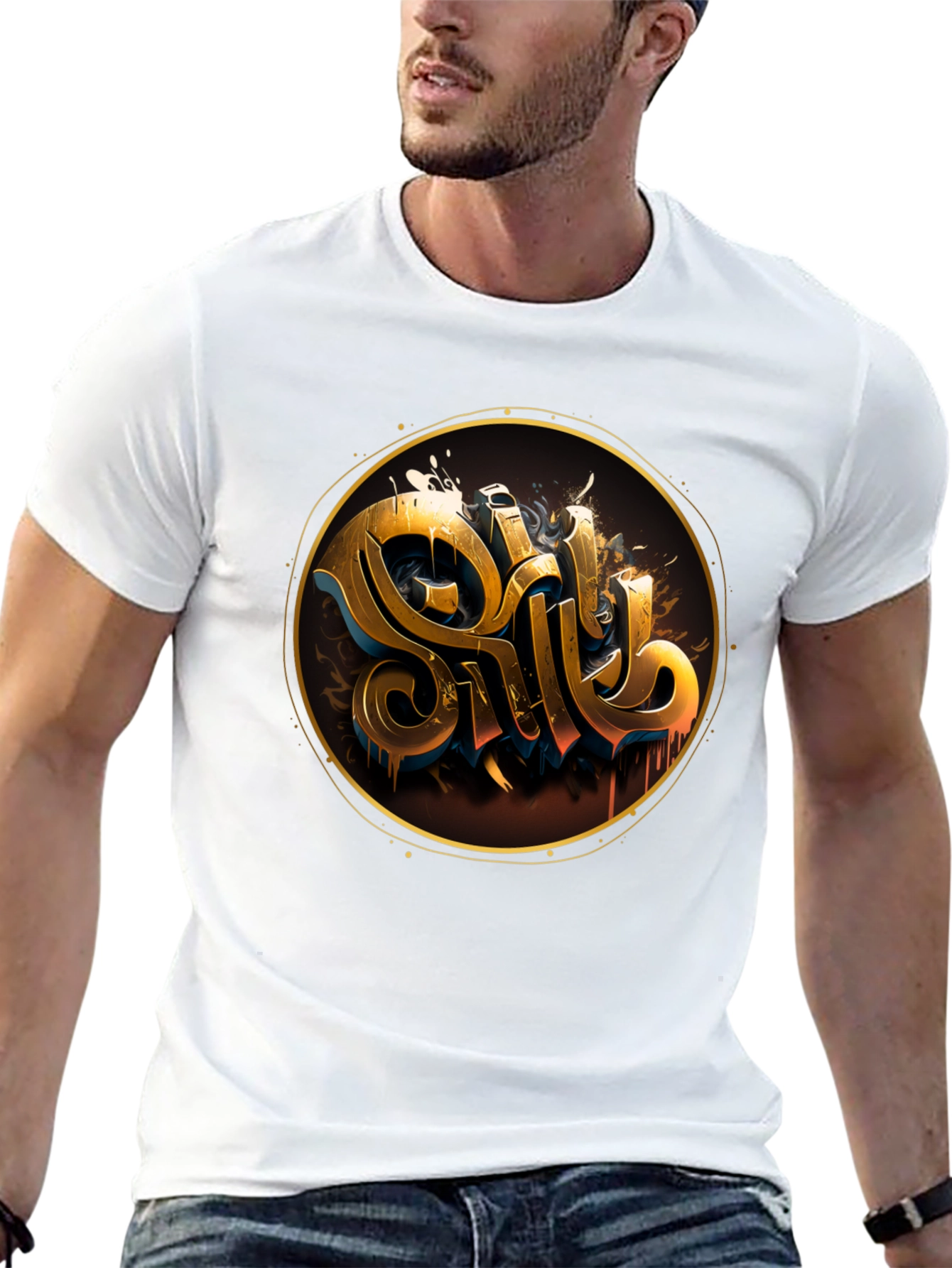 Gold Letter Graphic Black Tee - Stylish Casual Wear