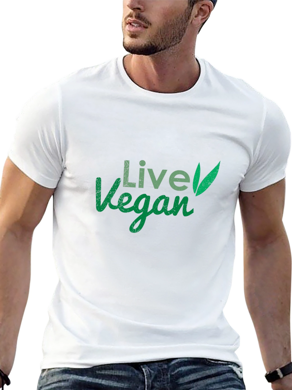 Live Vegan T-Shirt: Green Leaf Design Comfortable Fit