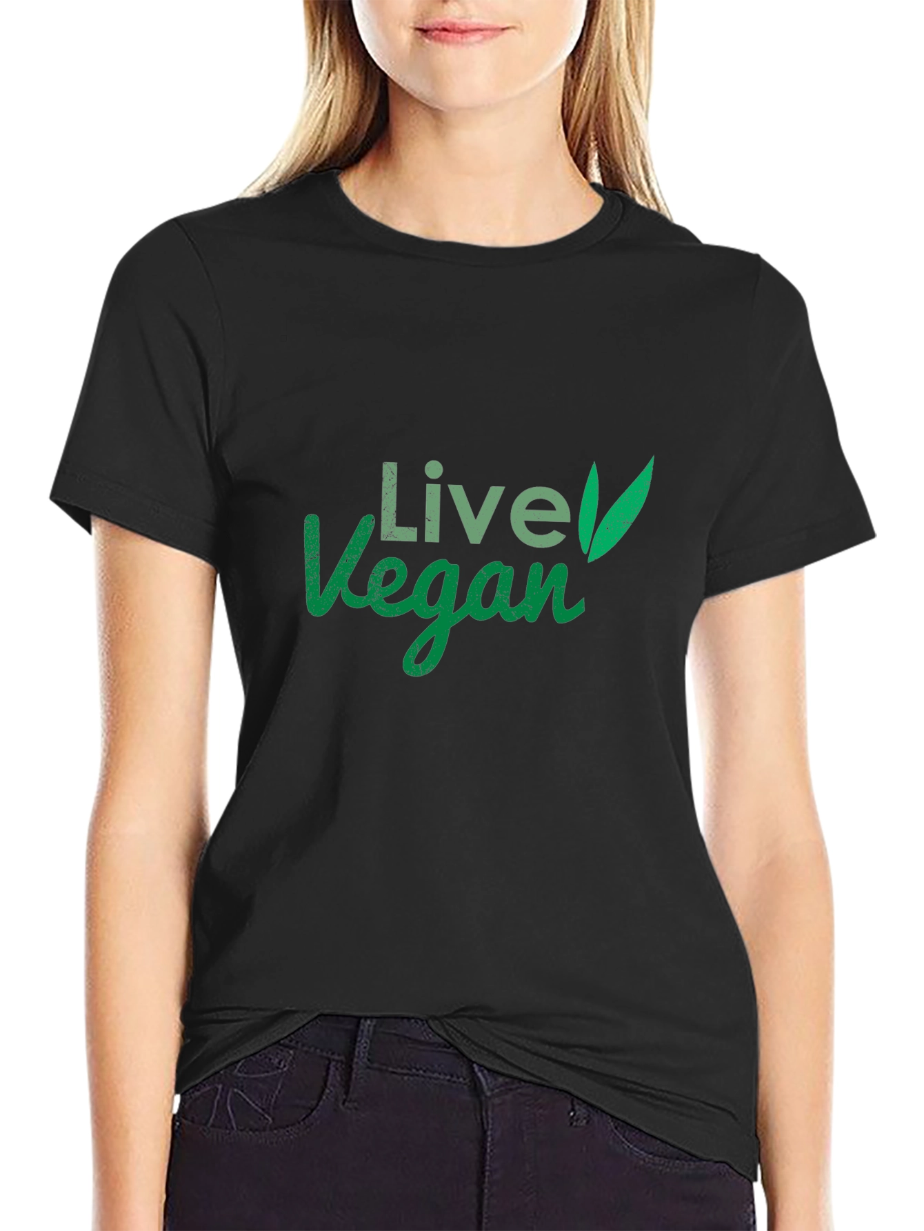 Live Vegan T-Shirt: Green Leaf Design Comfortable Fit