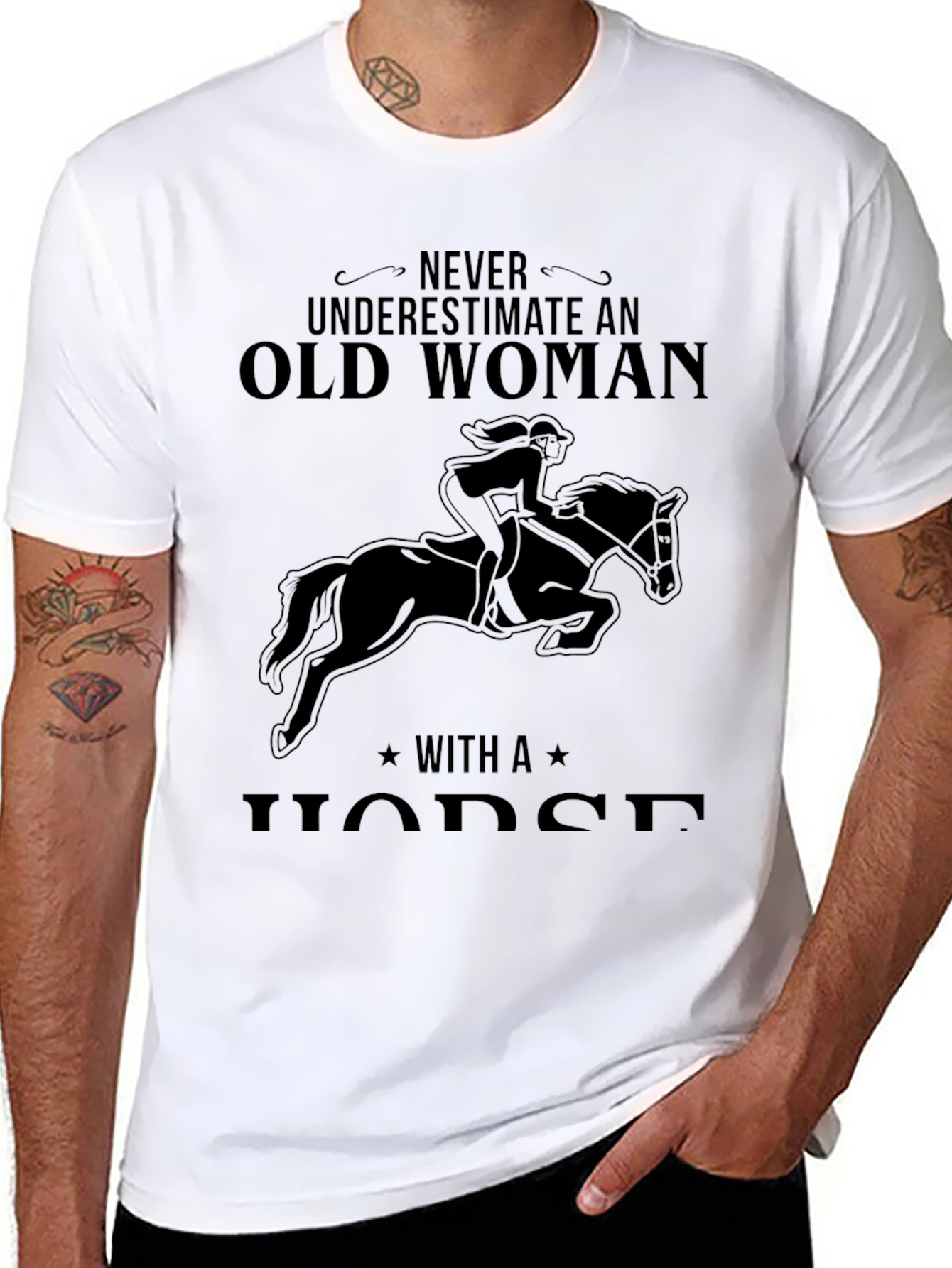 Never Underestimate Old Woman Horse Graphic Tee
