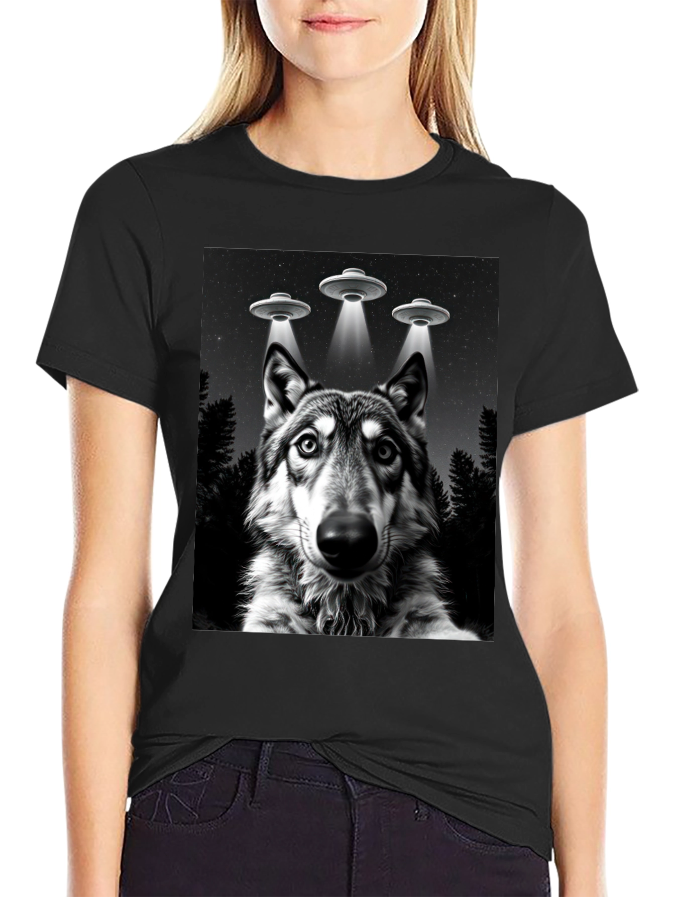 Wolf UFO T-Shirt - Black Graphic Tee