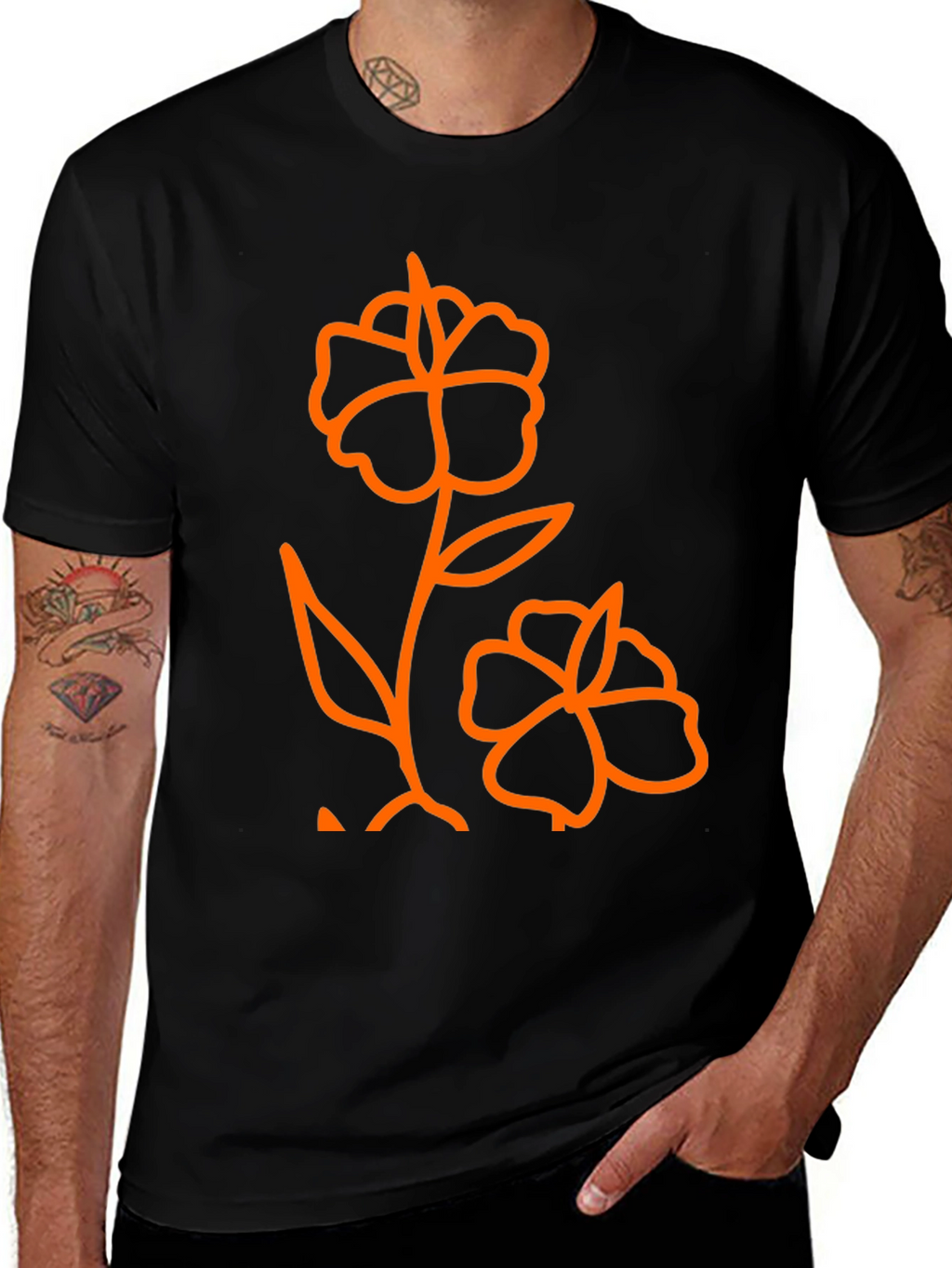 Mens Black T-Shirt with Orange Flower Graphic