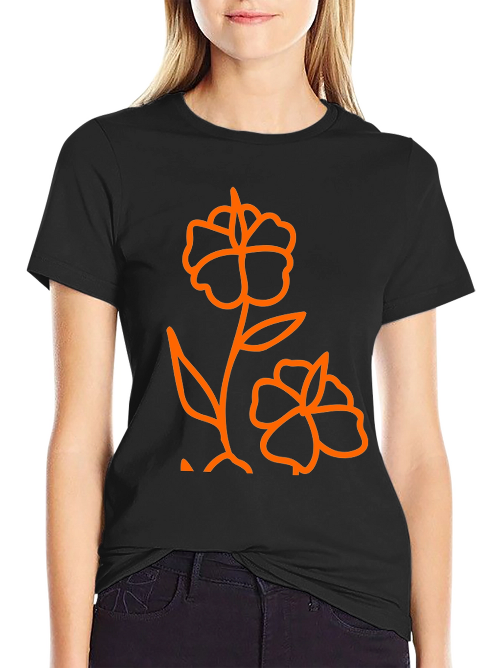 Mens Black T-Shirt with Orange Flower Graphic