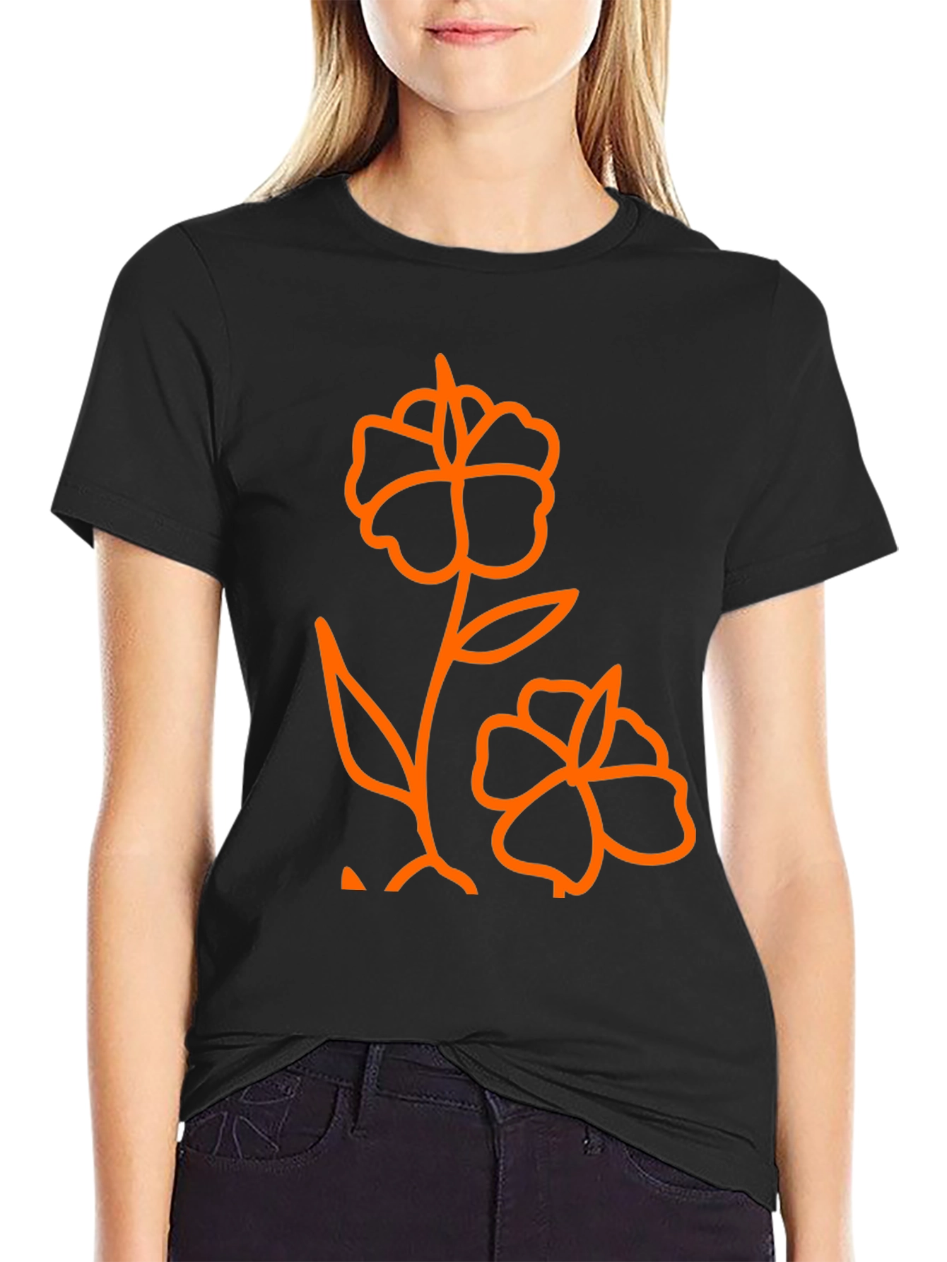 Mens Black T-Shirt with Orange Flower Graphic