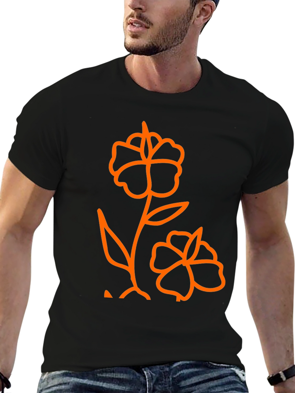 Mens Black T-Shirt with Orange Flower Graphic