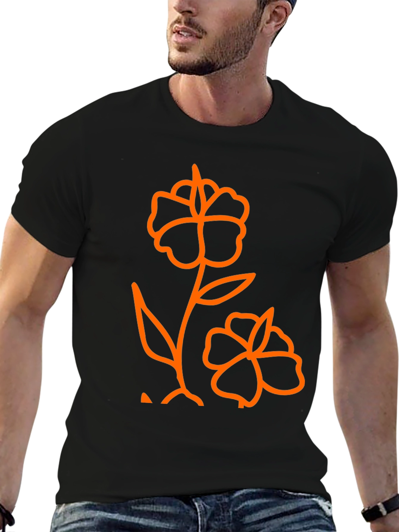 Mens Black T-Shirt with Orange Flower Graphic