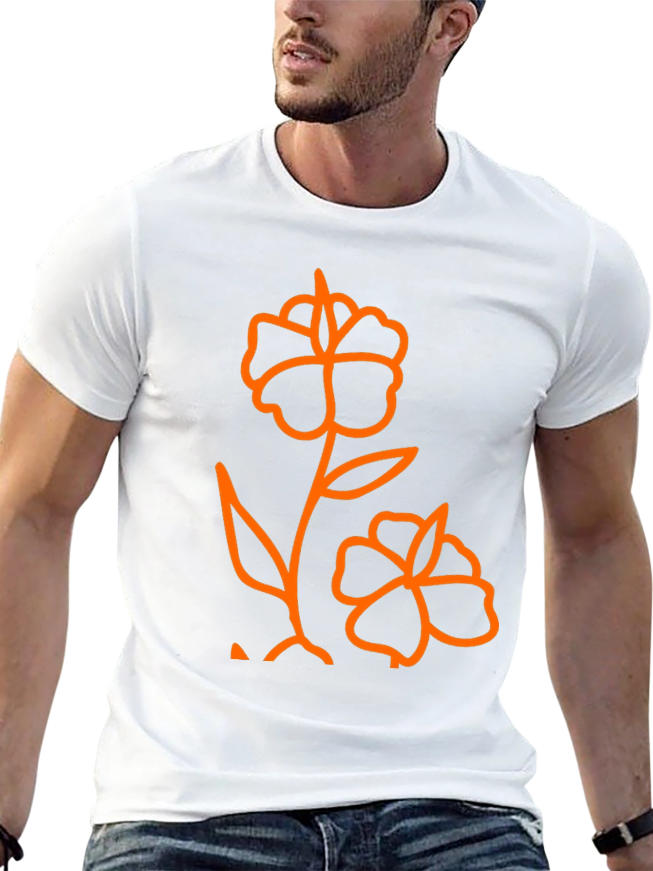 Mens Black T-Shirt with Orange Flower Graphic
