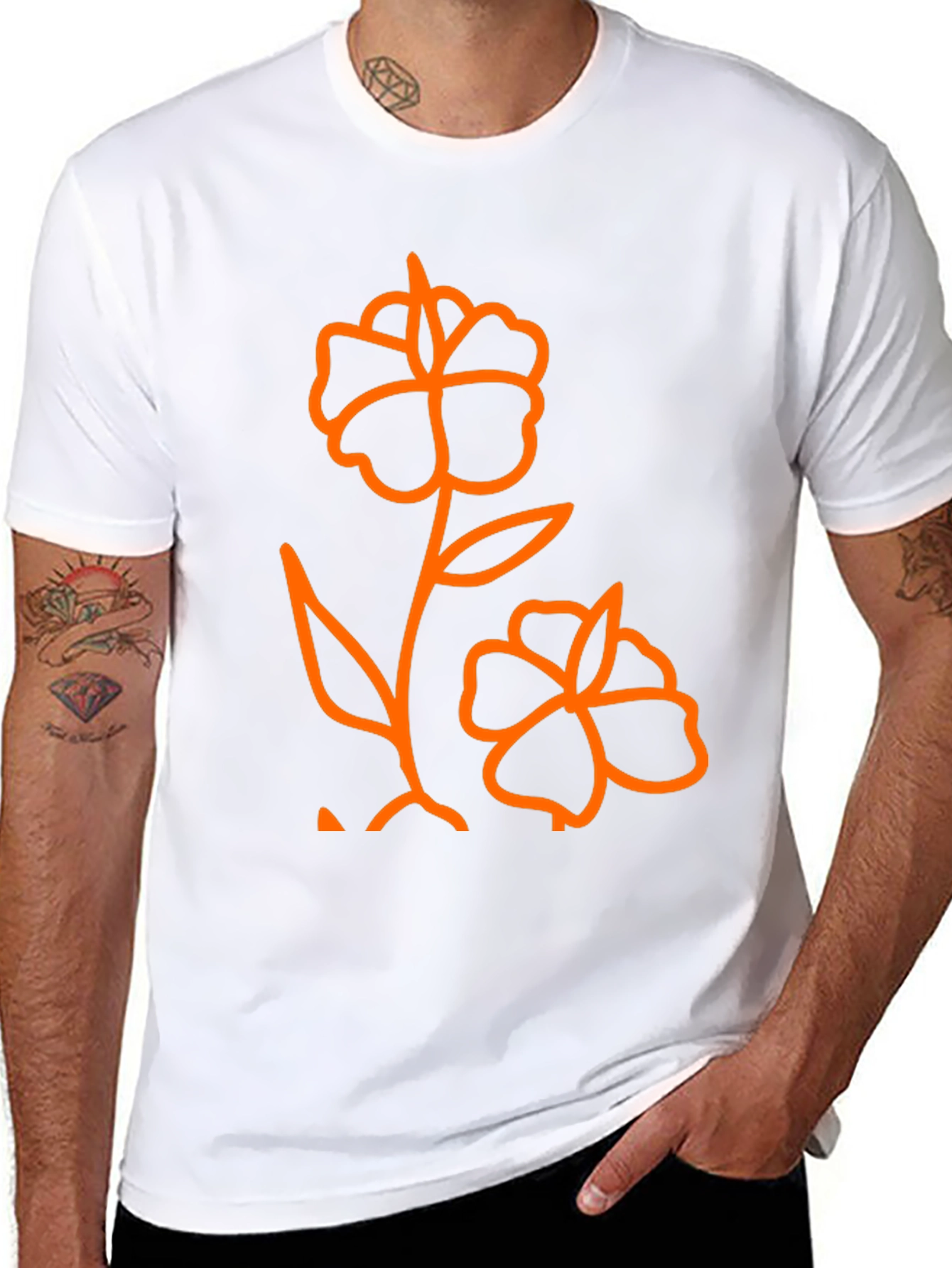 Mens Black T-Shirt with Orange Flower Graphic