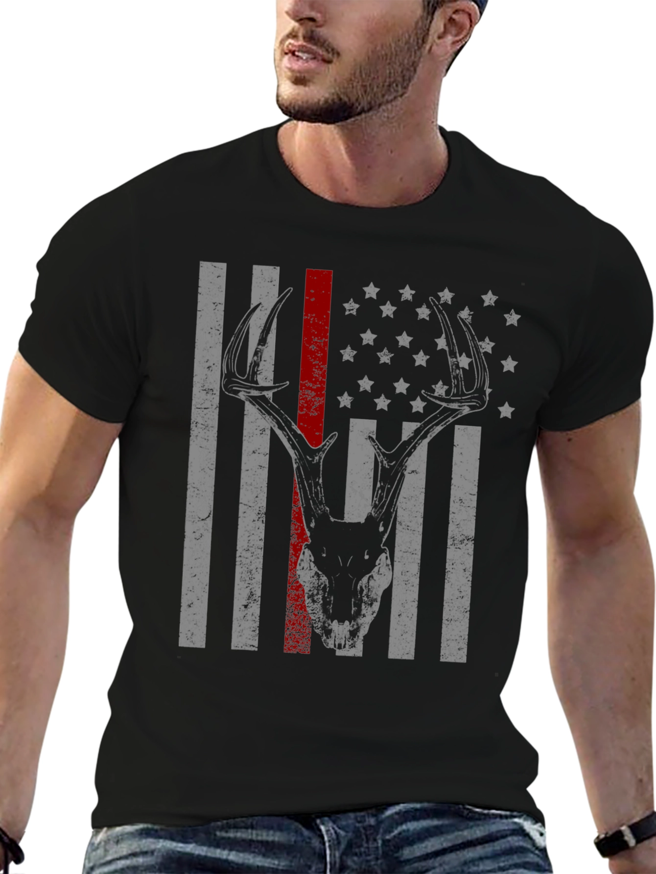Deer Skull American Flag Graphic T-Shirt