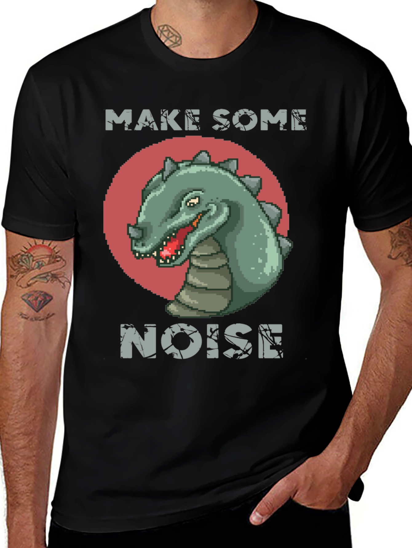 Retro Dinosaur Graphic Tee - Make Some Noise Black T-Shirt