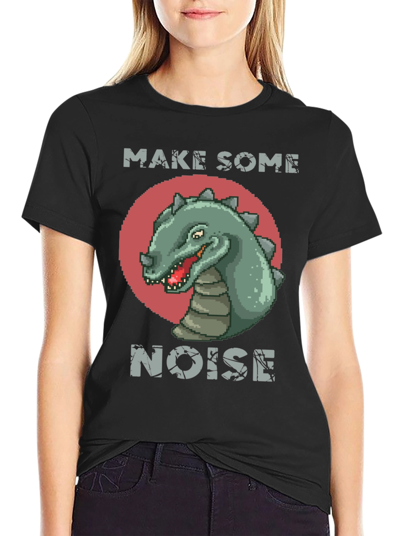 Retro Dinosaur Graphic Tee - Make Some Noise Black T-Shirt