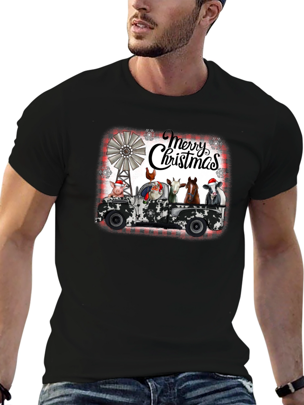 Merry Christmas Farm Animals on Truck T-Shirt