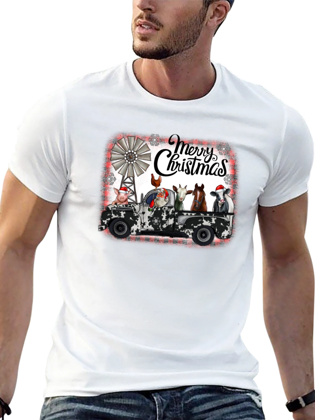 Merry Christmas Farm Animals on Truck T-Shirt