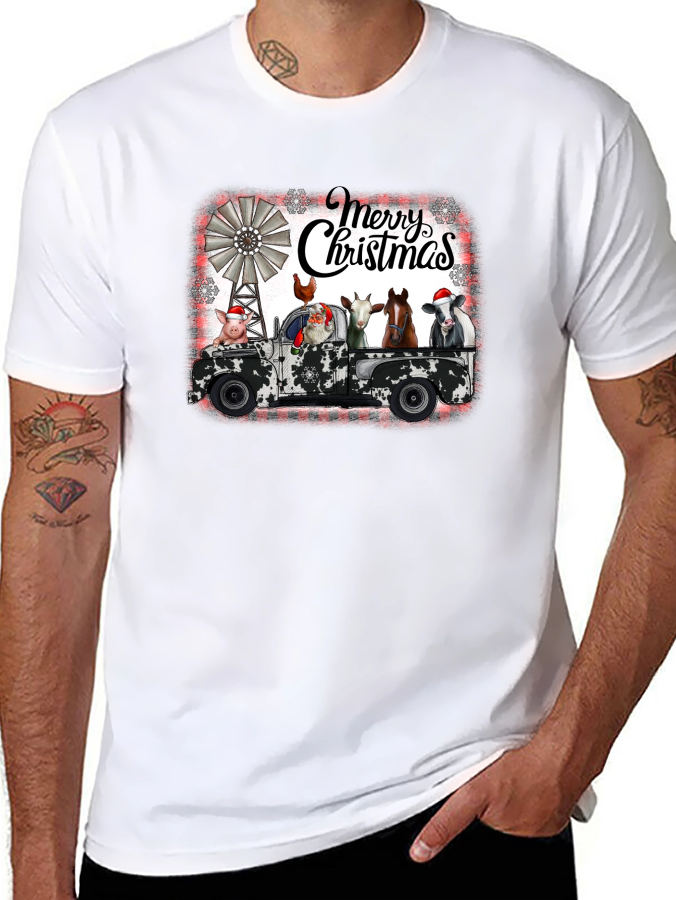 Merry Christmas Farm Animals on Truck T-Shirt