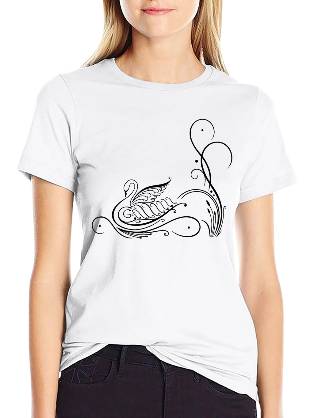 Elegant Swan Graphic Black T-Shirt