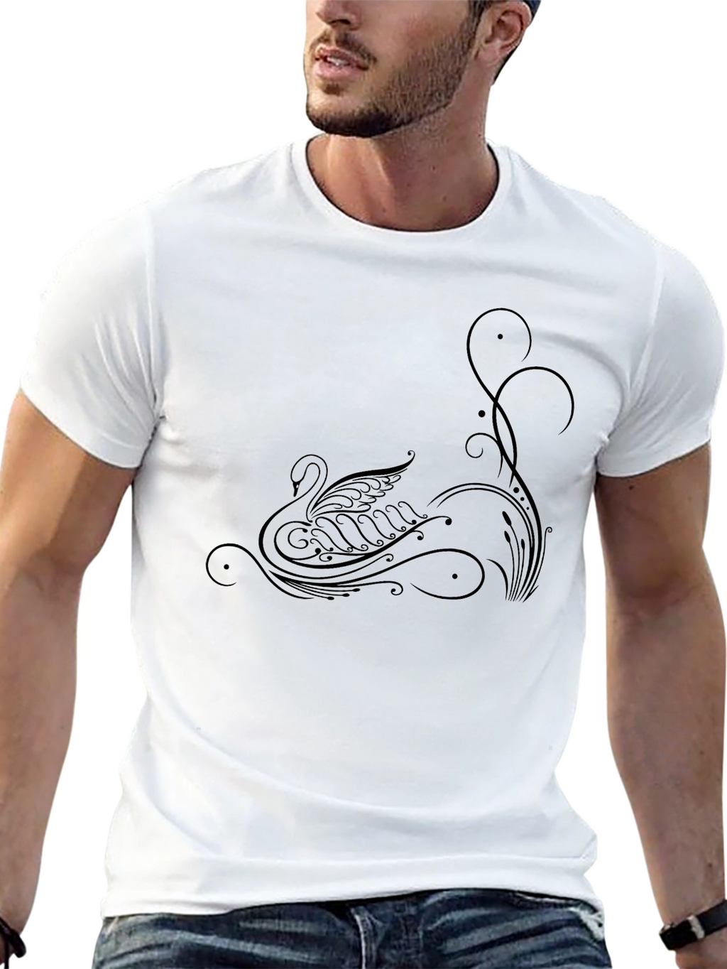 Elegant Swan Graphic Black T-Shirt
