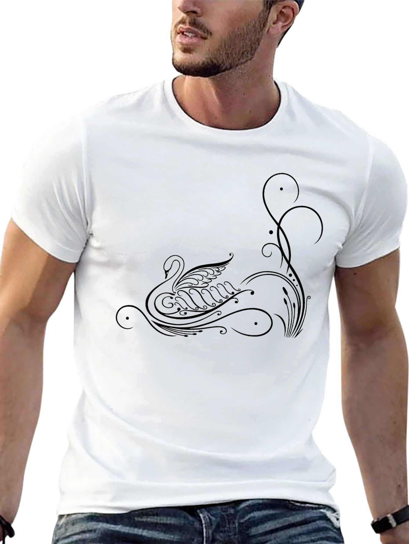 Elegant Swan Graphic Black T-Shirt
