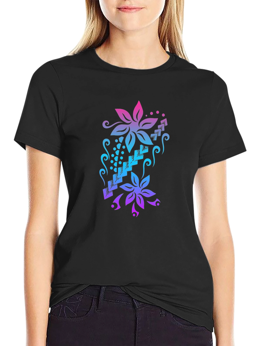 Floral Cascade Black T-Shirt