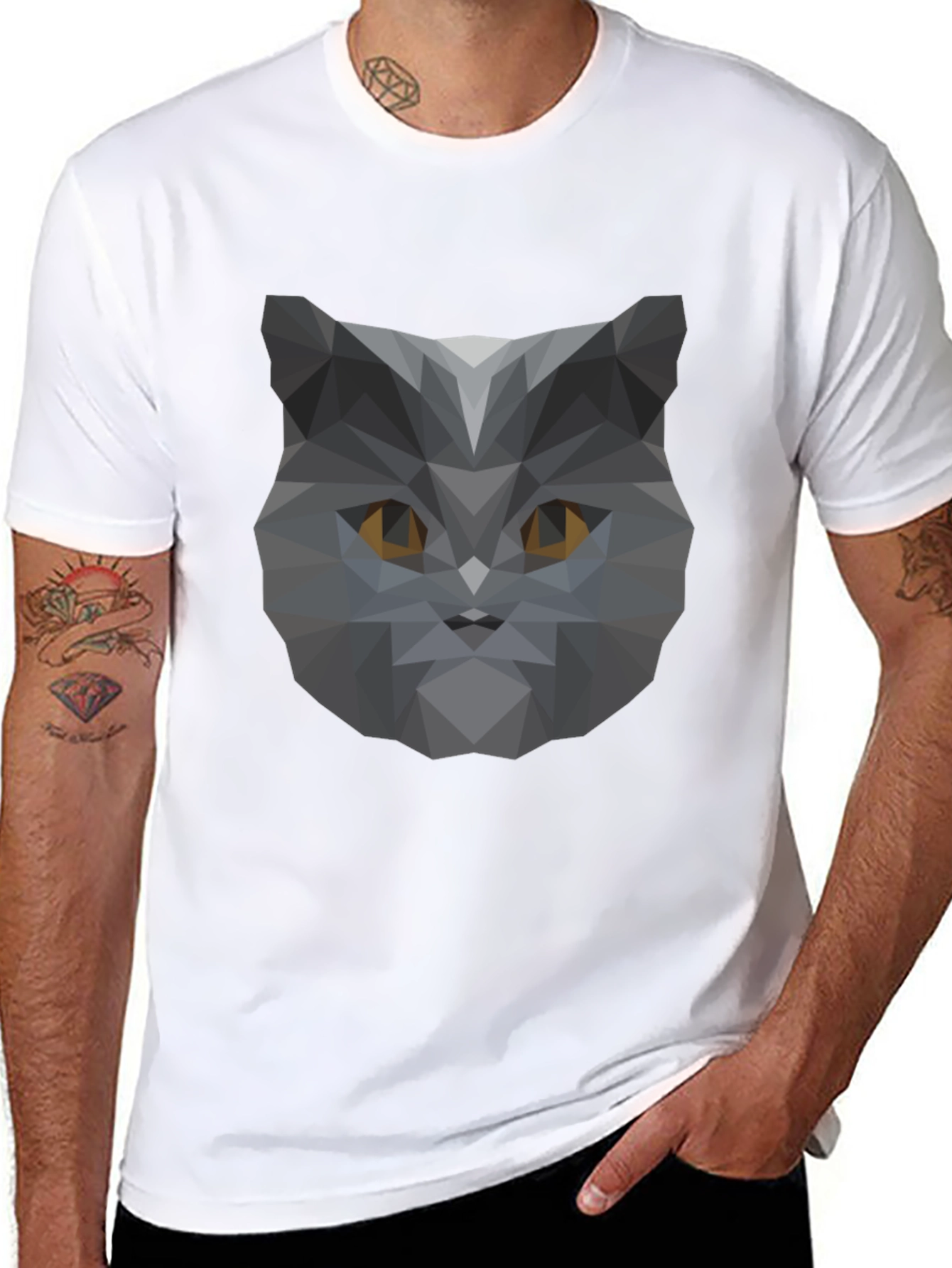 Geometric Cat Head Graphic Black T-Shirt