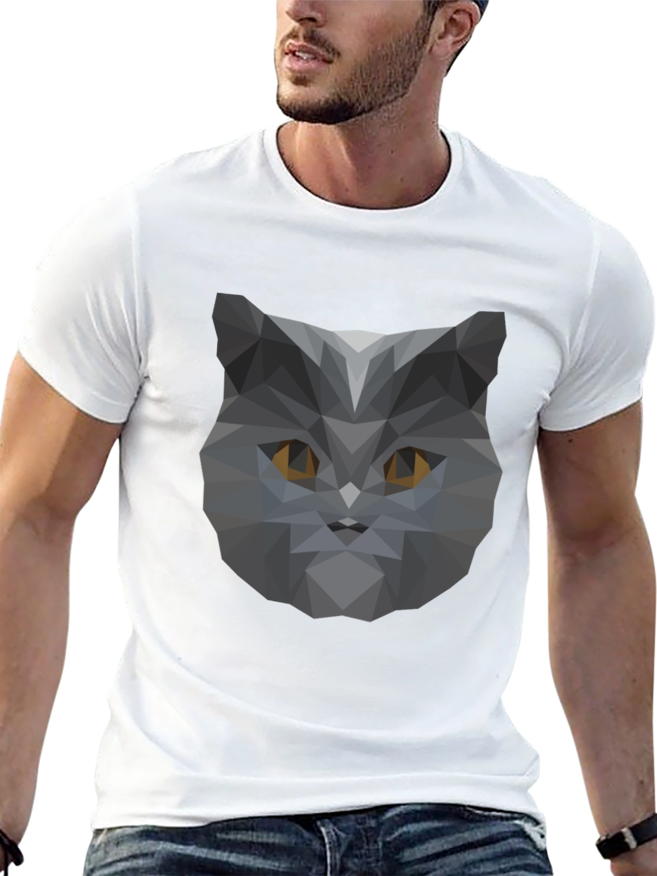 Geometric Cat Head Graphic Black T-Shirt