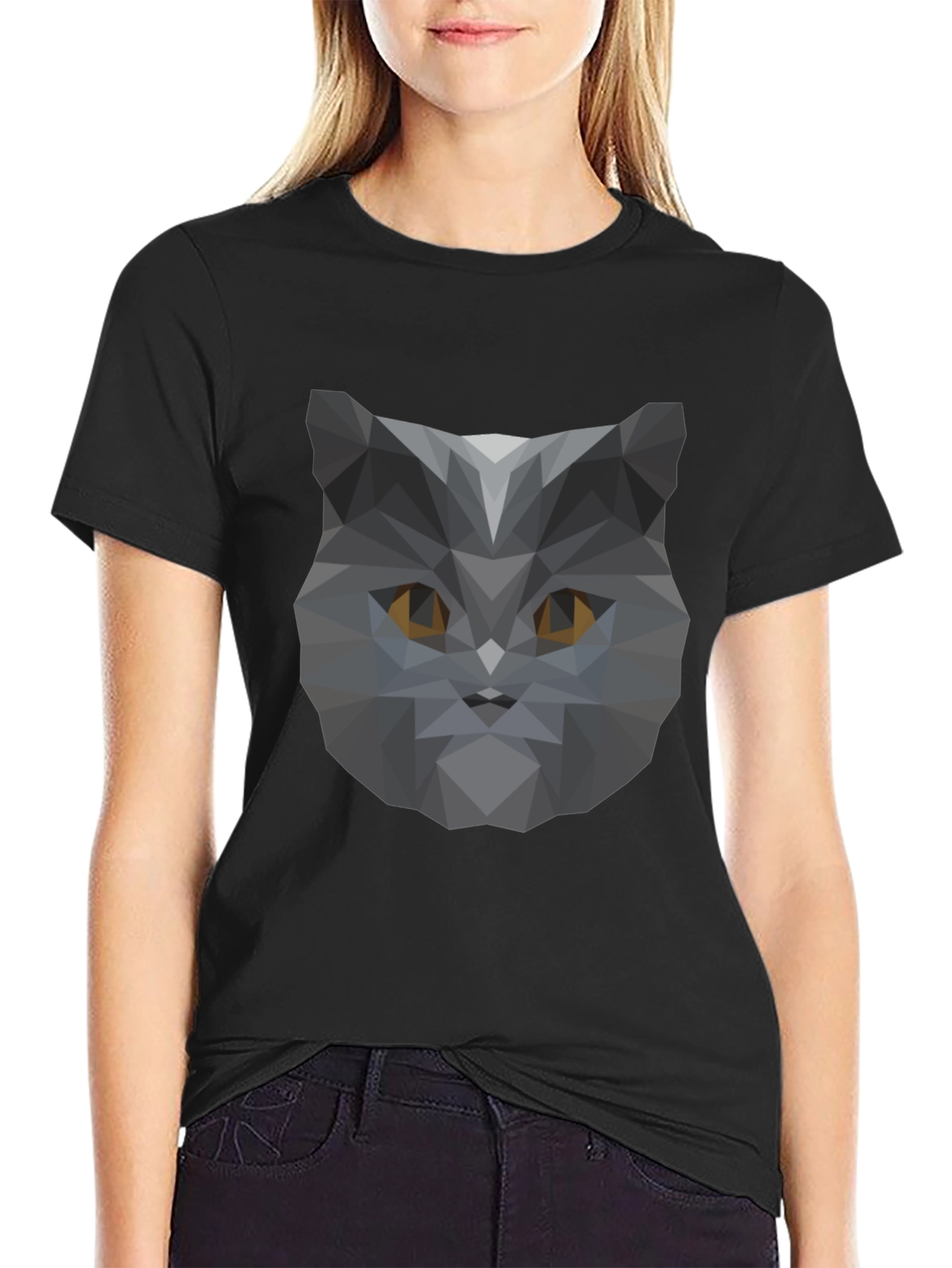 Geometric Cat Head Graphic Black T-Shirt