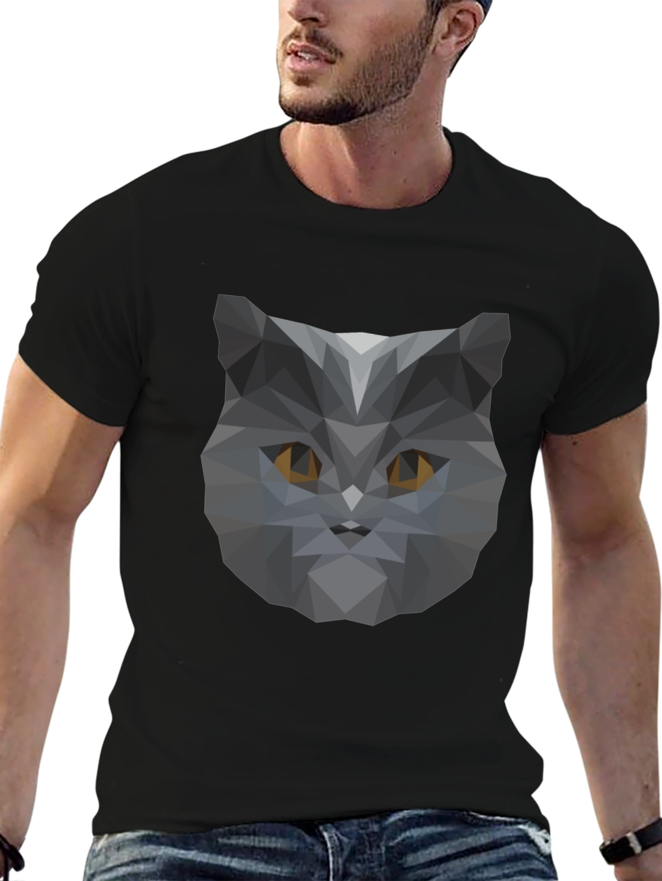 Geometric Cat Head Graphic Black T-Shirt